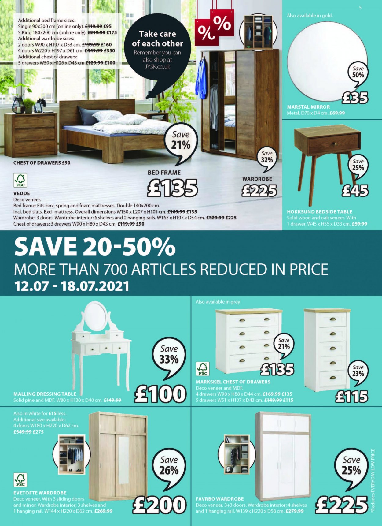 thumbnail - JYSK offer  - 12/07/2021 - 18/07/2021 - Sales products - table, chest of drawers, bed, bed frame, mattress, wardrobe, bedside table, dressing table, mirror, door. Page 5.