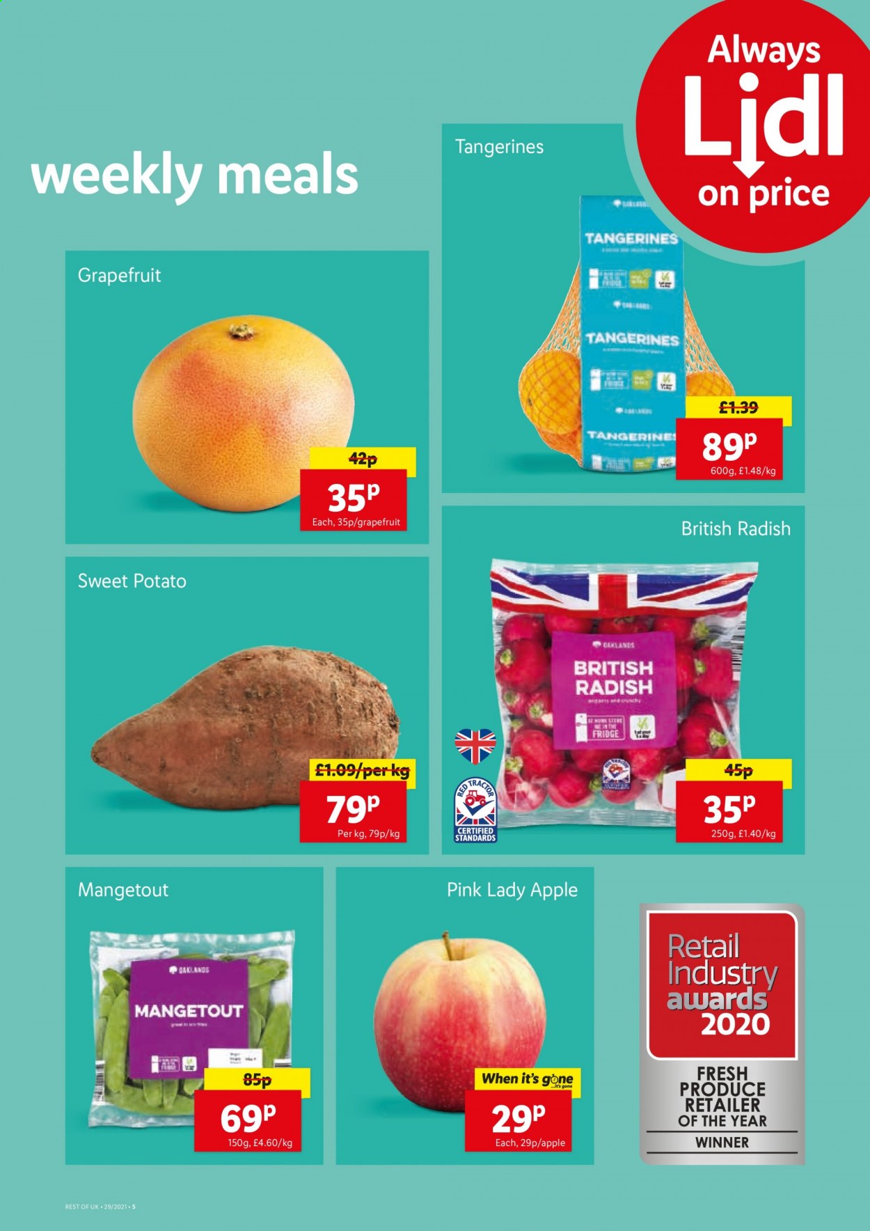 thumbnail - Lidl offer  - 22/07/2021 - 28/07/2021 - Sales products - radishes, sweet potato, grapefruits, tangerines, Pink Lady, Apple. Page 5.