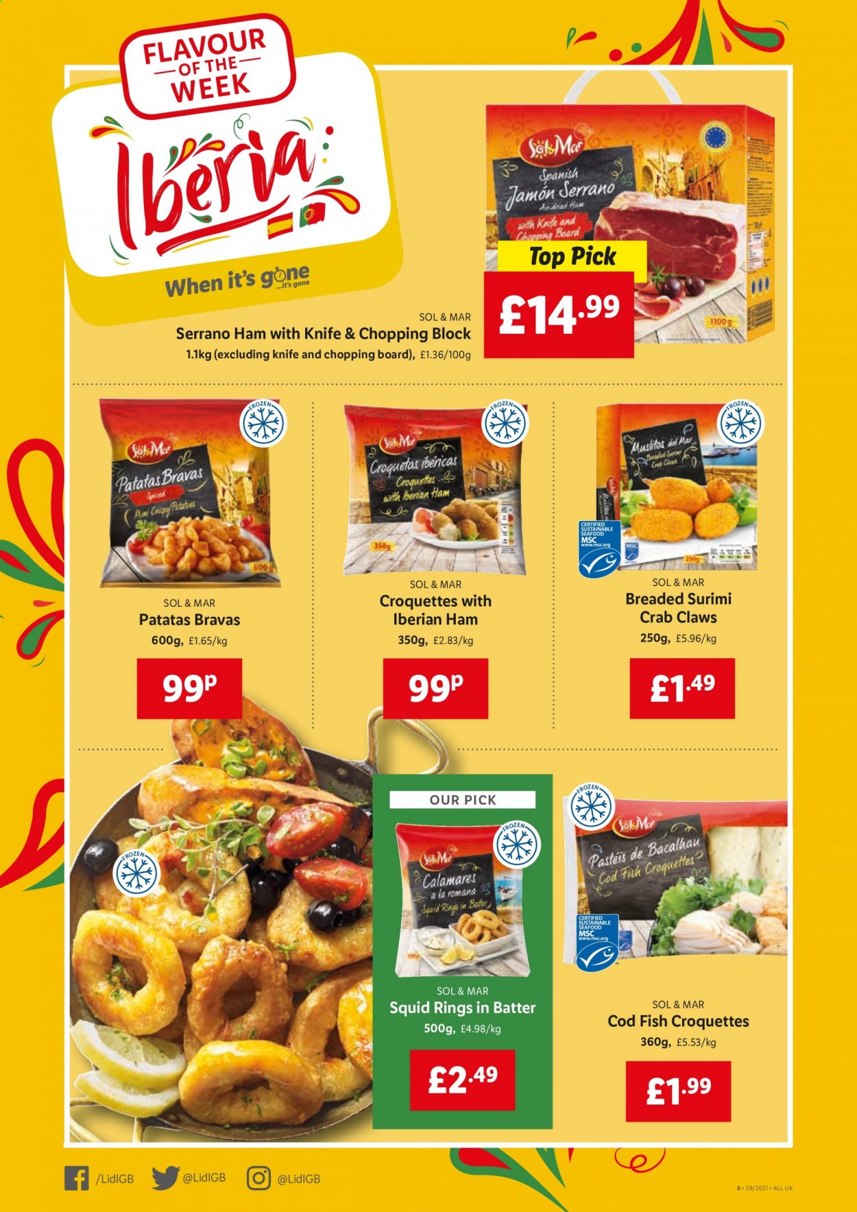 thumbnail - Lidl offer  - 22/07/2021 - 28/07/2021 - Sales products - cod, squid, seafood, crab, fish, squid rings, ham, potato croquettes, knife, chopping board. Page 6.