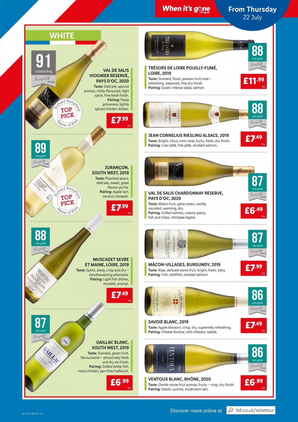 thumbnail - Lidl offer  - 22/07/2021 - 28/07/2021 - Sales products - mushrooms, pears, melons, mussels, salmon, smoked salmon, whitefish, chicken roast, halloumi, cheese, Blossom, chips, spice, Riesling, white wine, Chardonnay, Purity, pan. Page 9.