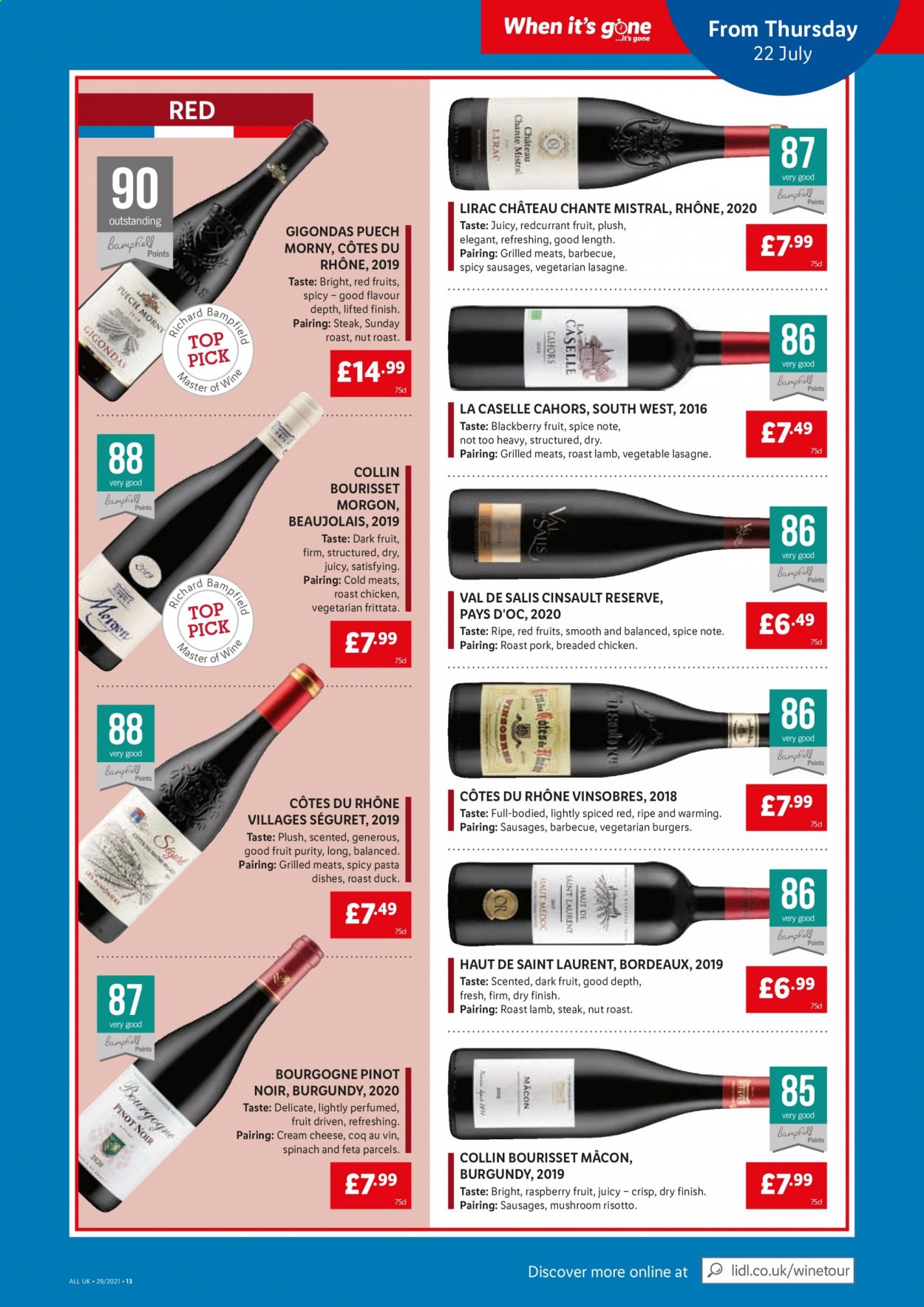 thumbnail - Lidl offer  - 22/07/2021 - 28/07/2021 - Sales products - mushrooms, steak, hamburger, chicken roast, pasta, veggie burger, pasta sides, sausage, cream cheese, feta, cheese, spice, red wine, wine, Pinot Noir, Purity, Yves Saint Laurent. Page 11.