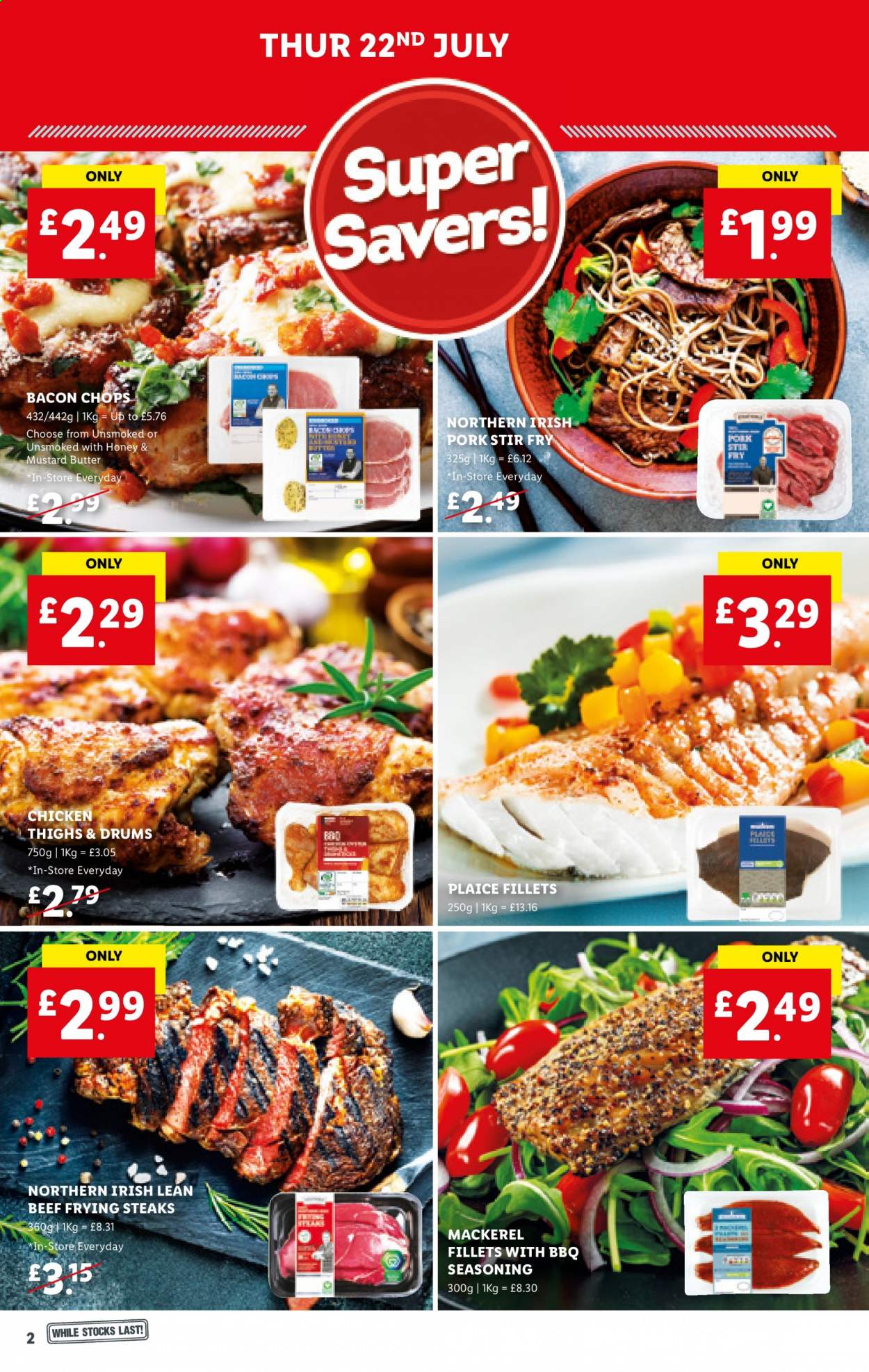 thumbnail - Lidl offer  - 22/07/2021 - 28/07/2021 - Sales products - chicken thighs, chicken, beef meat, steak, pork chops, mackerel, bacon, butter, spice, mustard. Page 2.