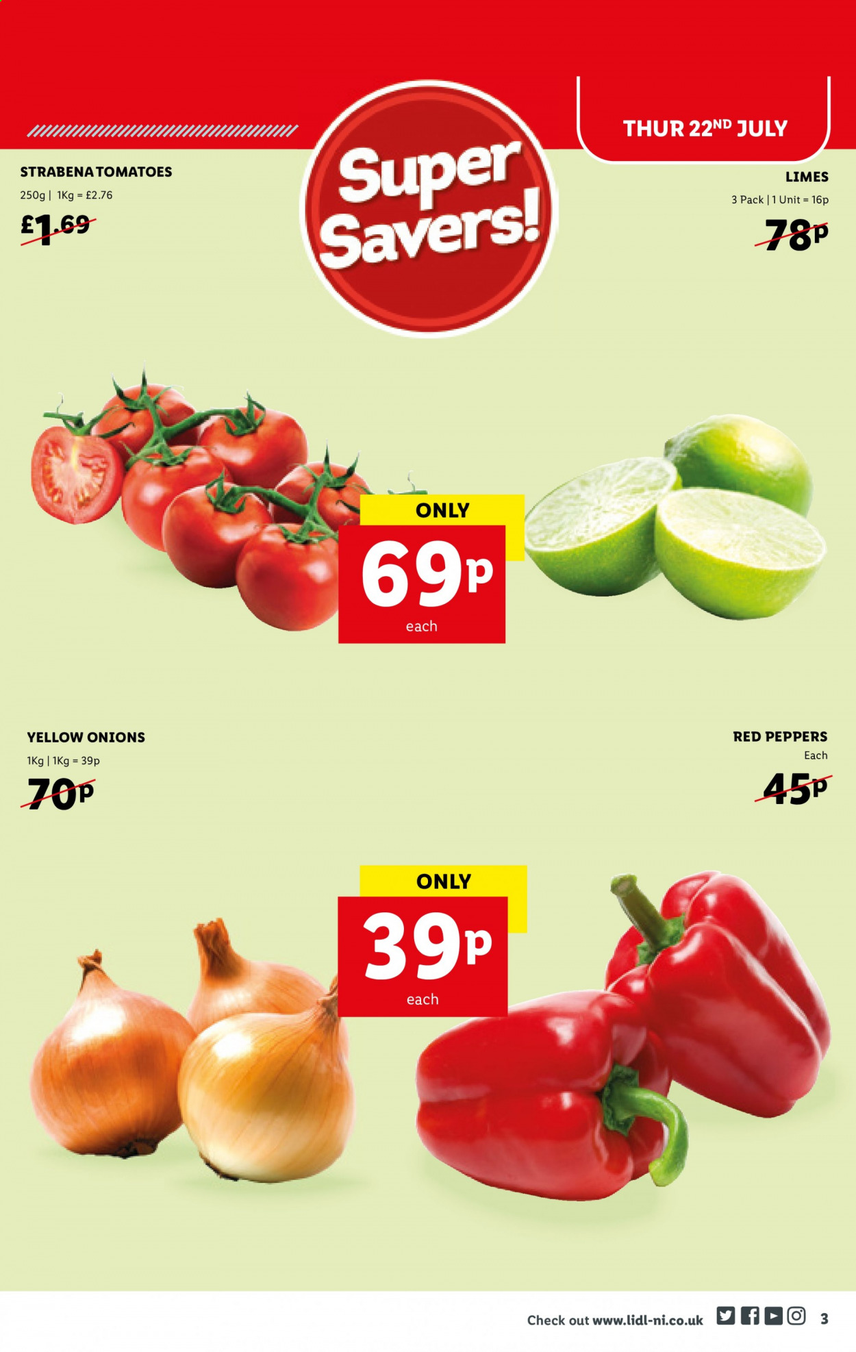 thumbnail - Lidl offer  - 22/07/2021 - 28/07/2021 - Sales products - tomatoes, onion, peppers, red peppers, limes. Page 3.
