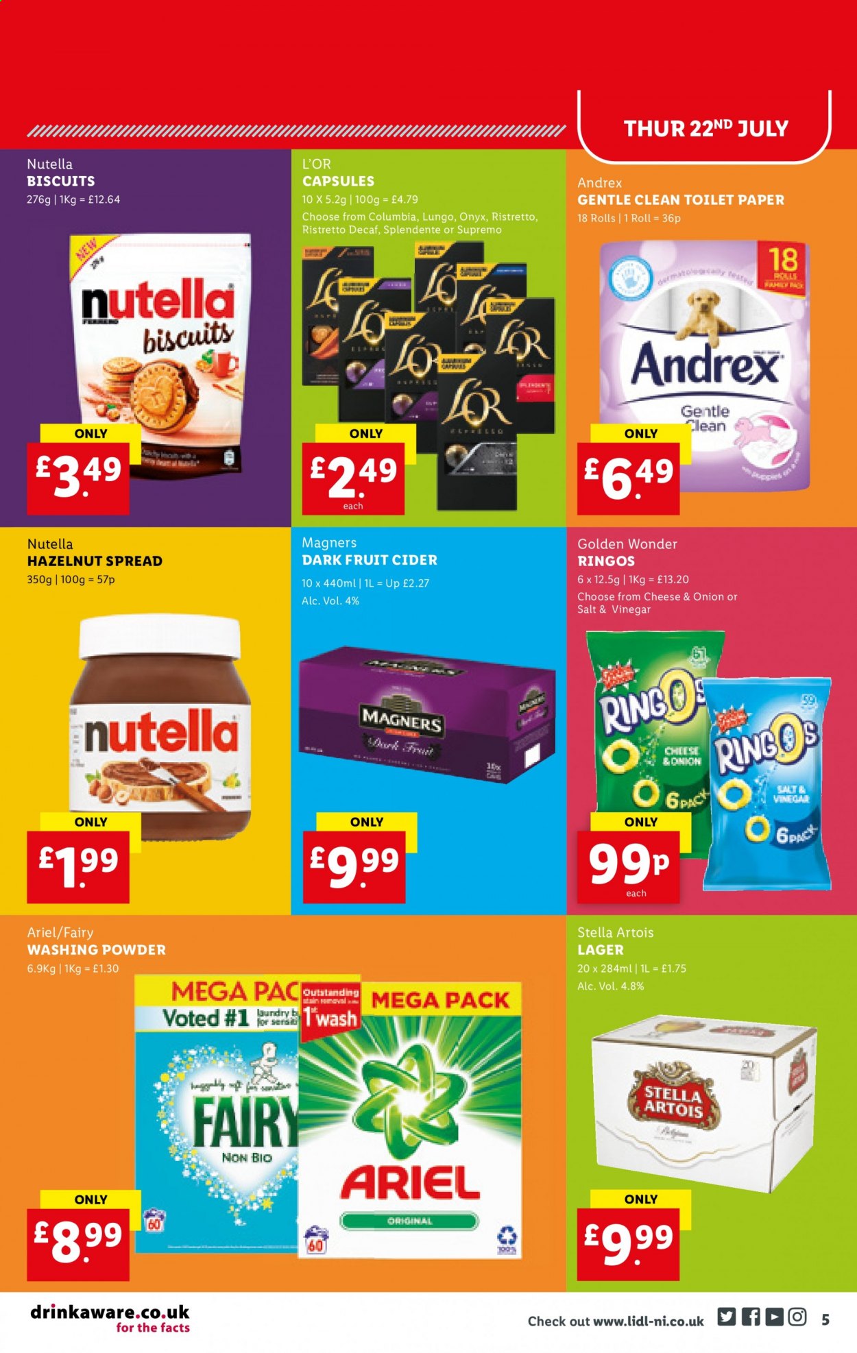 thumbnail - Lidl offer  - 22/07/2021 - 28/07/2021 - Sales products - Stella Artois, beer, Lager, biscuit, Nutella, vinegar, hazelnut spread, L'Or, cider, toilet paper, Fairy, Ariel, laundry powder. Page 5.