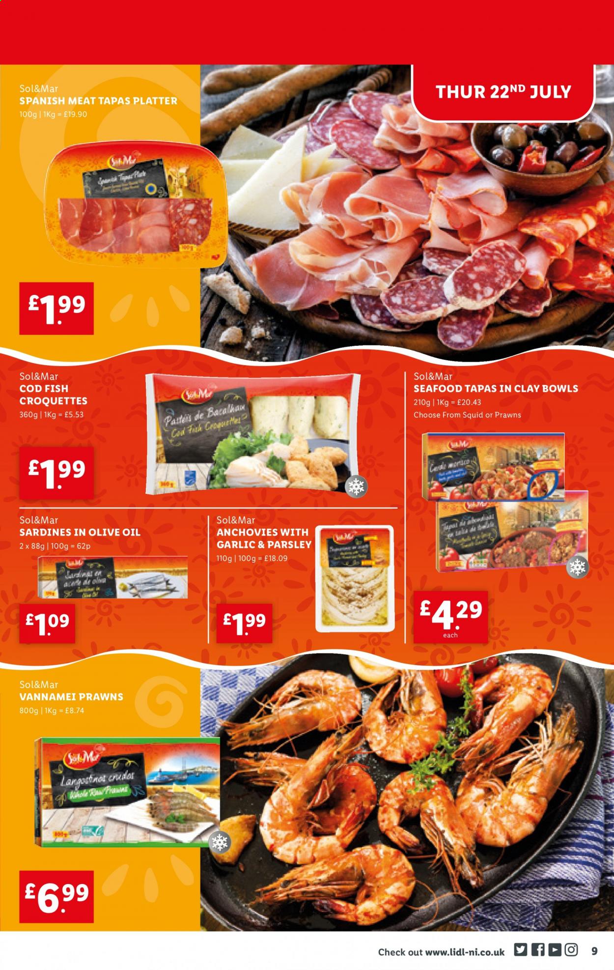 thumbnail - Lidl offer  - 22/07/2021 - 28/07/2021 - Sales products - Sol, parsley, cod, sardines, squid, seafood, prawns, fish, potato croquettes, anchovies, pan. Page 9.