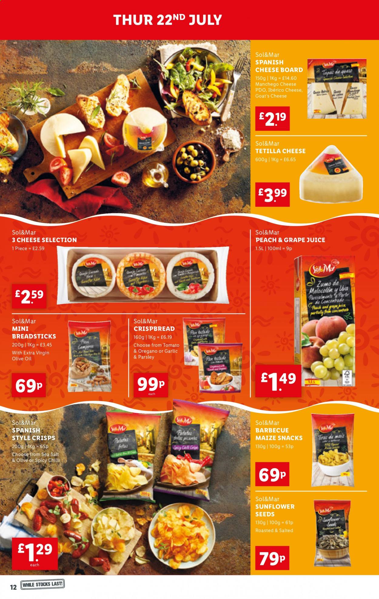 thumbnail - Lidl offer  - 22/07/2021 - 28/07/2021 - Sales products - Sol, parsley, crispbread, Manchego, cheese, snack, bread sticks, maize snack, extra virgin olive oil, oil, sunflower seeds, juice. Page 12.