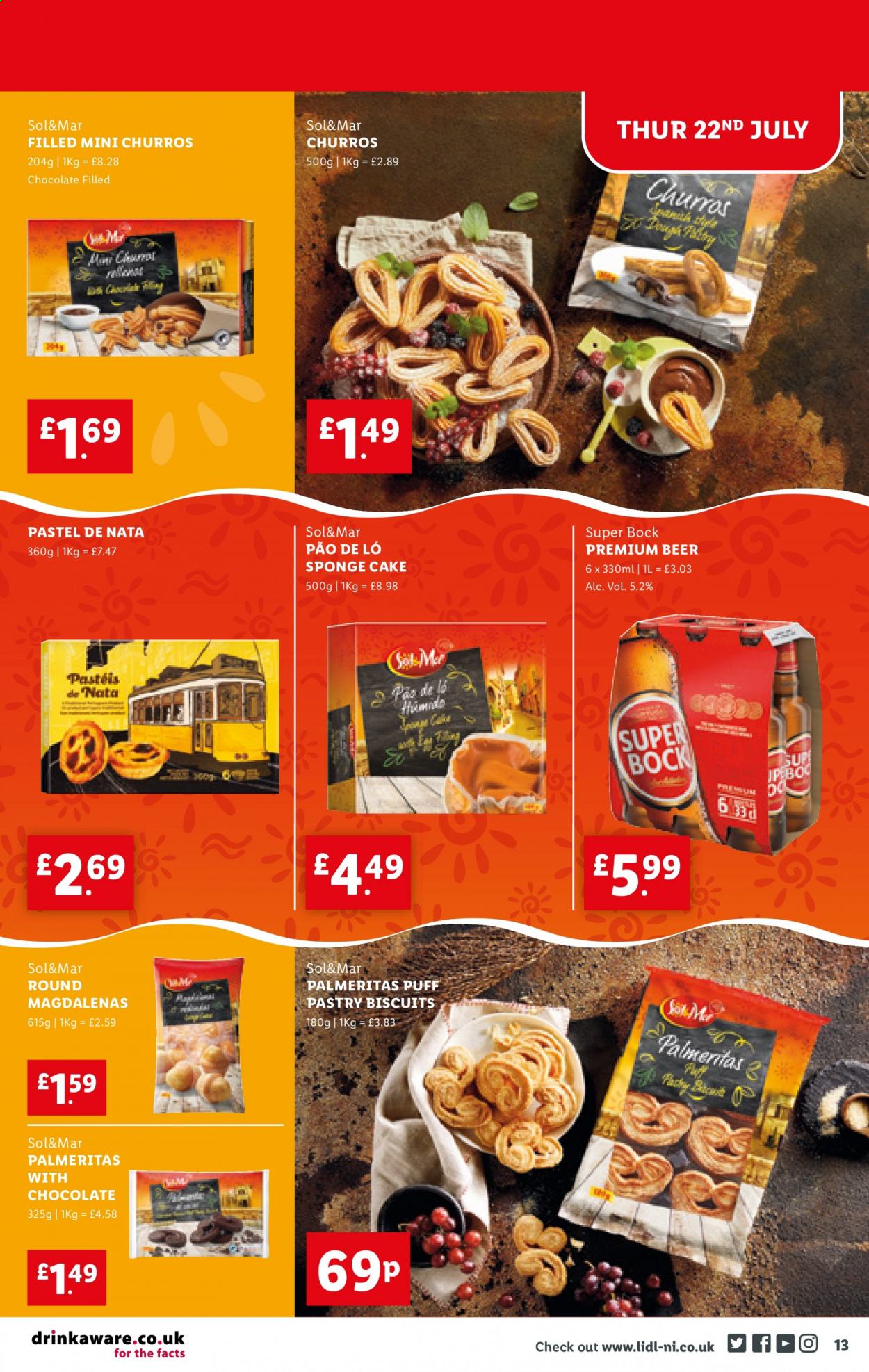 thumbnail - Lidl offer  - 22/07/2021 - 28/07/2021 - Sales products - beer, Sol, cake, sponge cake, biscuit, churros. Page 13.