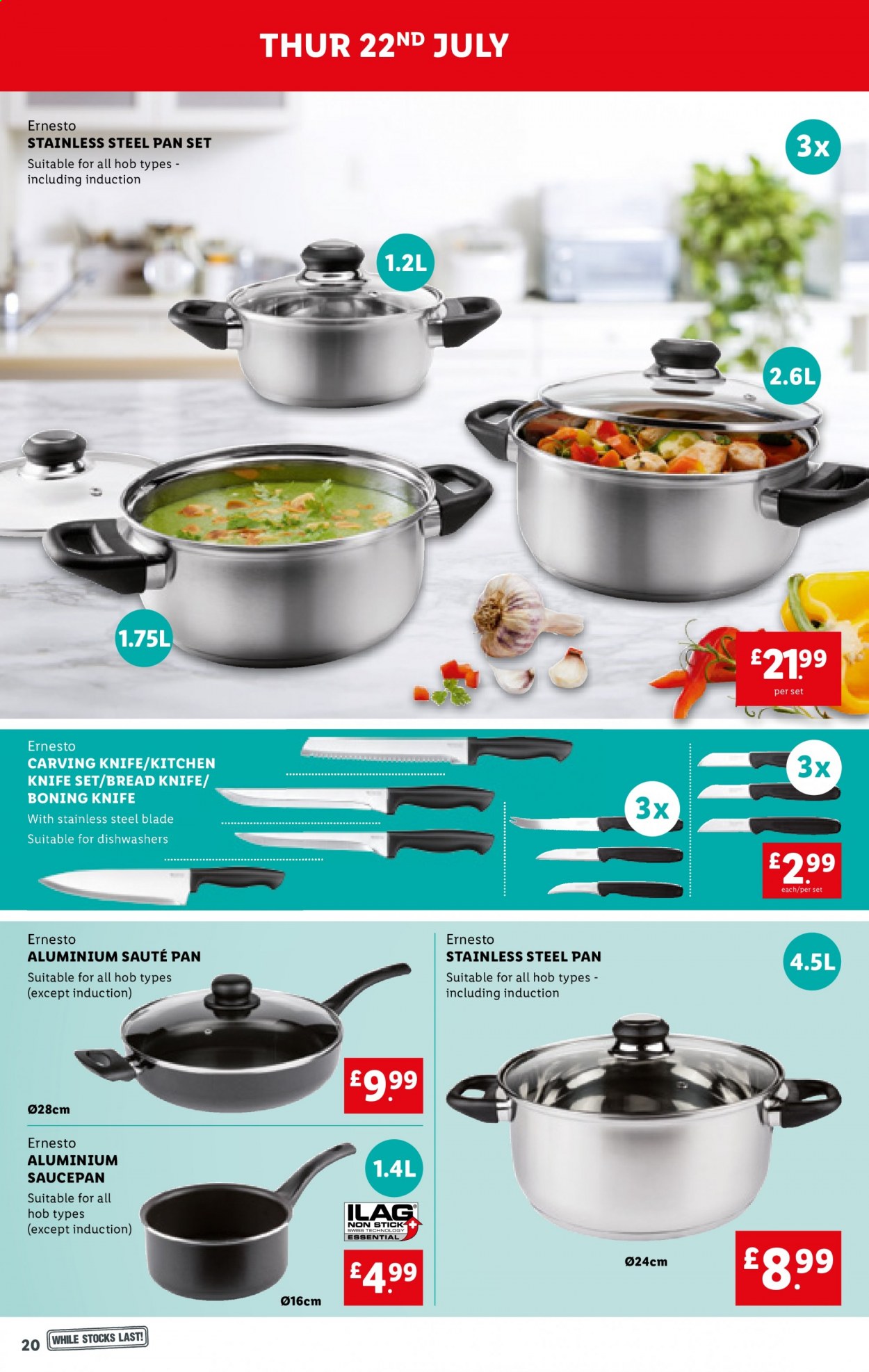 thumbnail - Lidl offer  - 22/07/2021 - 28/07/2021 - Sales products - bread, Ernesto, knife, pan, saucepan. Page 20.