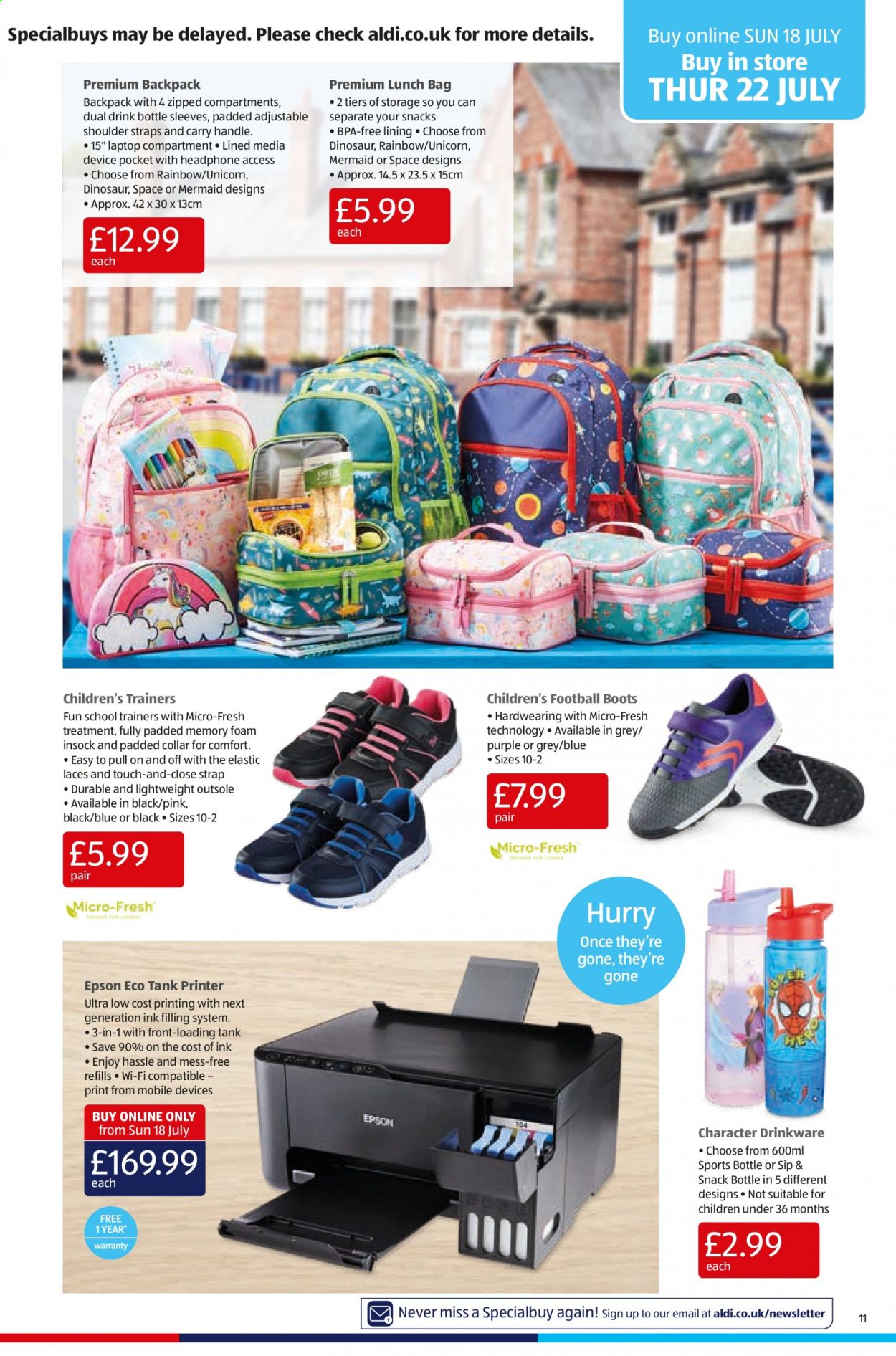 thumbnail - Aldi offer  - 18/07/2021 - 25/07/2021 - Sales products - boots, trainers, snack, drinkware, travel bottle, drink bottle, tank, backpack, dinosaur. Page 11.