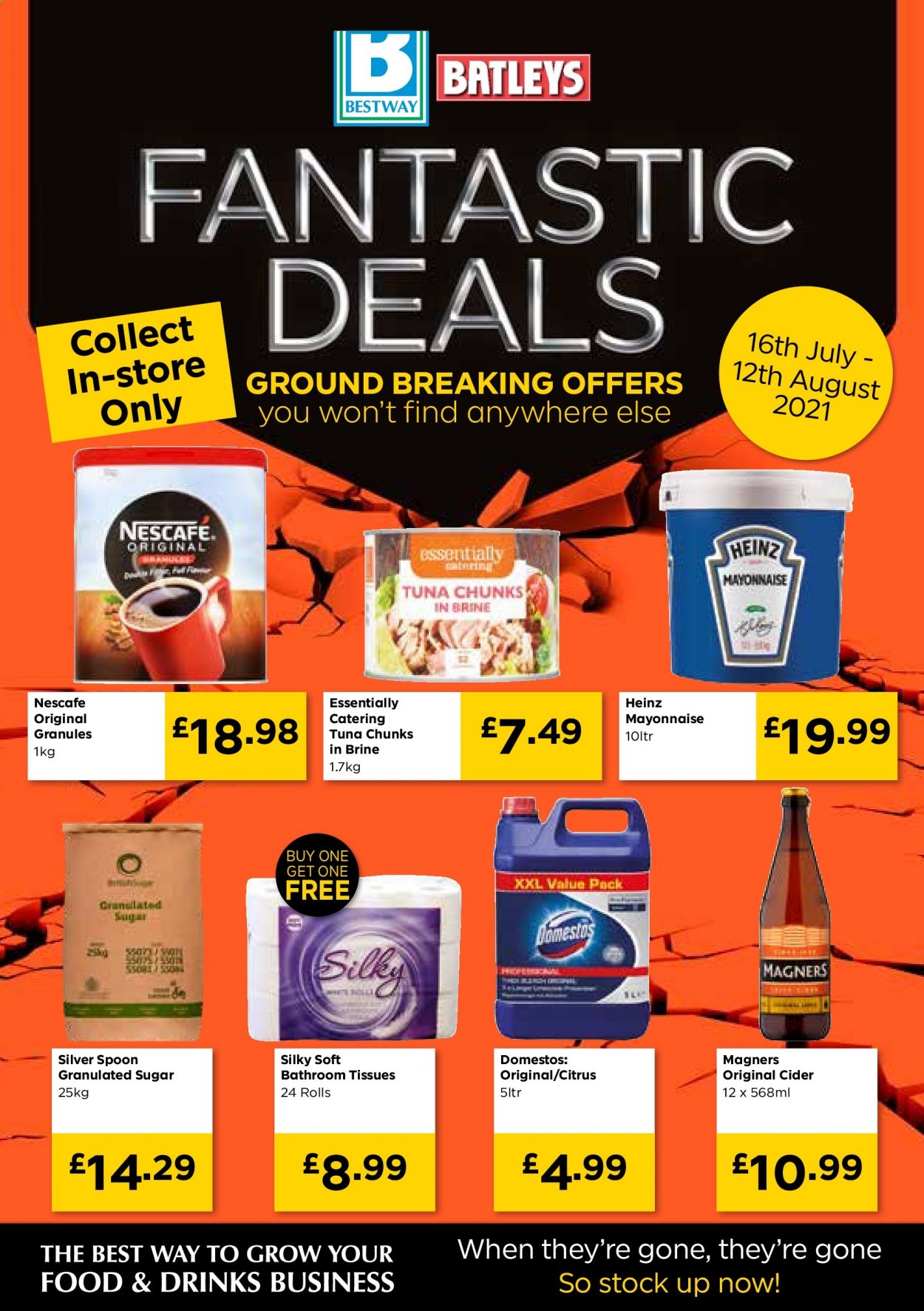 thumbnail - Bestway offer  - 16/07/2021 - 12/08/2021 - Sales products - tuna, mayonnaise, granulated sugar, sugar, Heinz, Nescafé, cider, toilet paper, tissues, Domestos, spoon. Page 1.