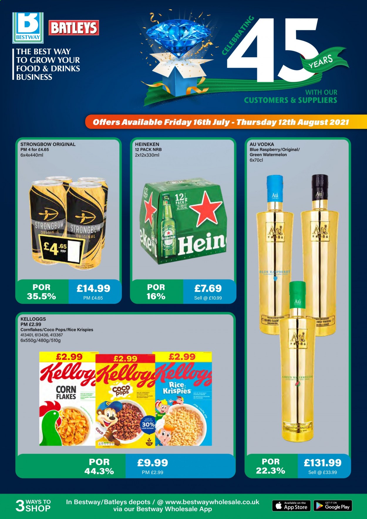 thumbnail - Bestway offer  - 16/07/2021 - 12/08/2021 - Sales products - Heineken, beer, watermelon, corn flakes, coco pops, Rice Krispies, vodka. Page 1.