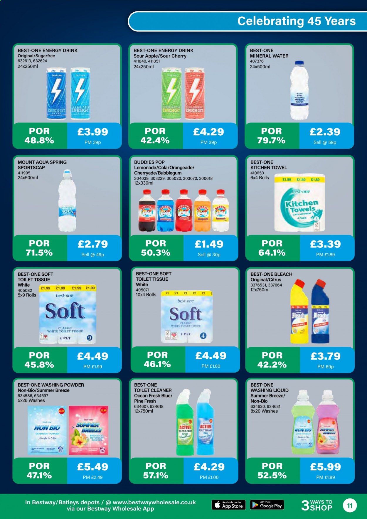 thumbnail - Bestway offer  - 16/07/2021 - 12/08/2021 - Sales products - bubblegum, lemonade, energy drink, mineral water, toilet paper, kitchen towels, detergent, cleaner, bleach, toilet cleaner, laundry powder. Page 11.