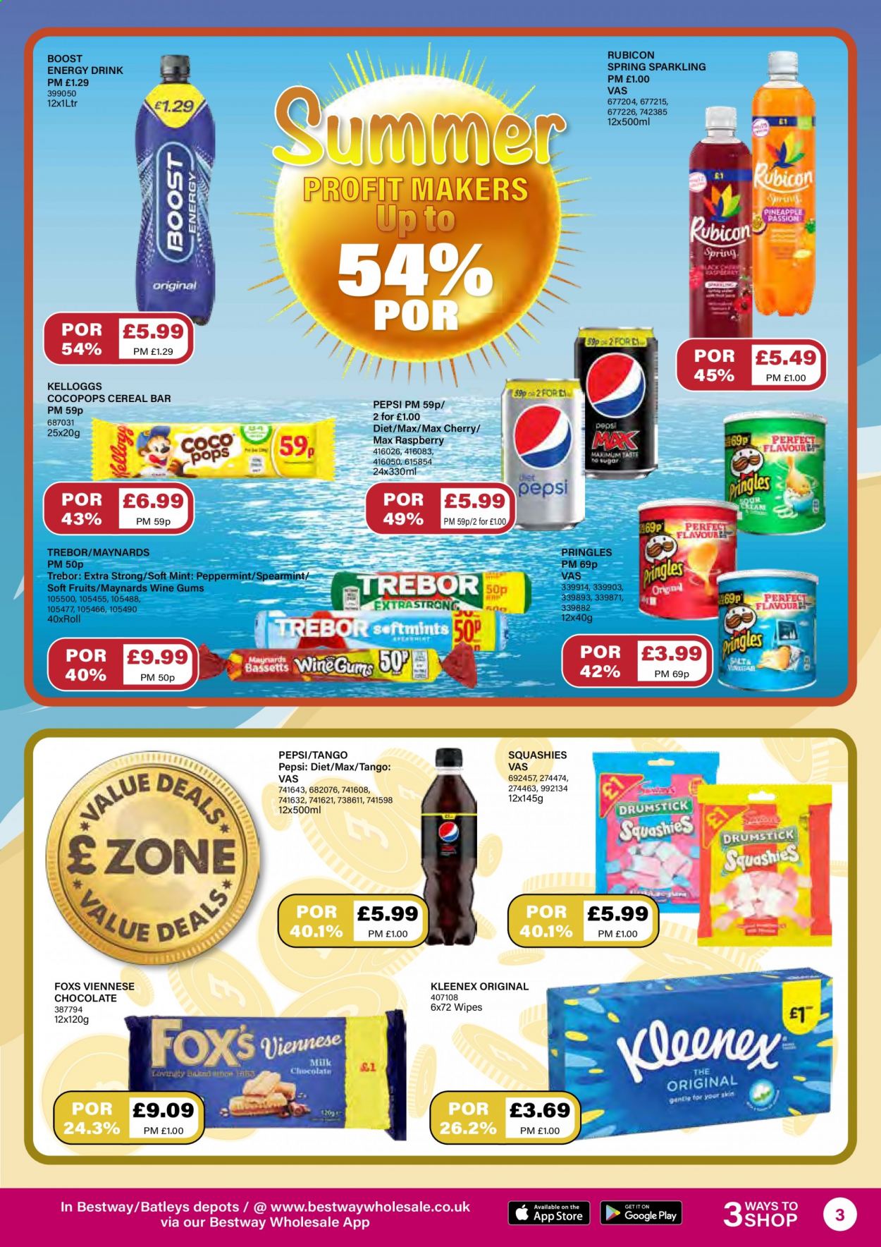 thumbnail - Bestway offer  - 16/07/2021 - 12/08/2021 - Sales products - pineapple, cherries, milk chocolate, chocolate, cereal bar, Pringles, sugar, cereals, Pepsi, energy drink, Boost, wipes, Kleenex. Page 3.