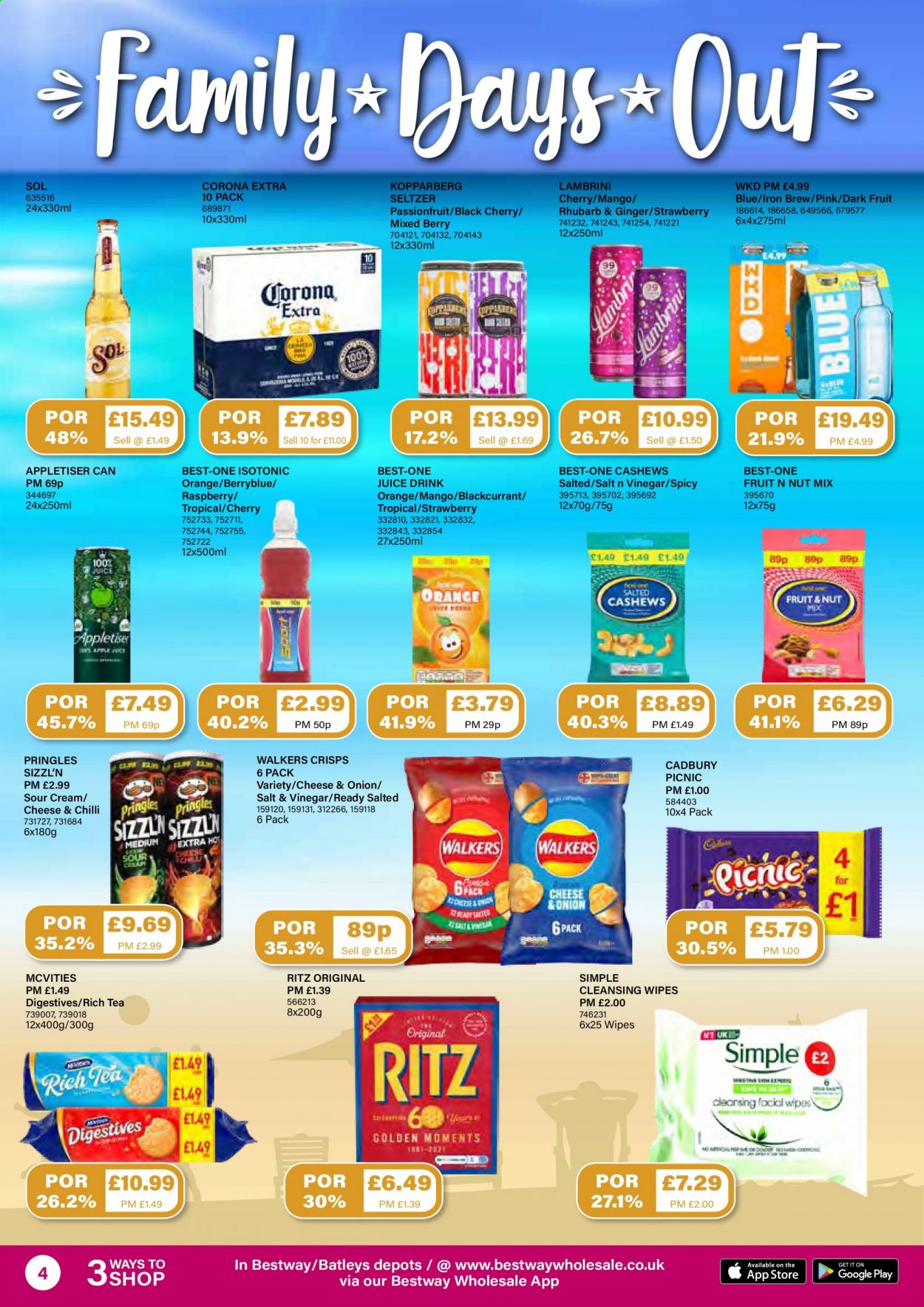 thumbnail - Bestway offer  - 16/07/2021 - 12/08/2021 - Sales products - Corona Extra, beer, Kopparberg, Sol, cherries, oranges, sour cream, Cadbury, RITZ, Pringles, vinegar, cashews, fruit & nut mix, juice, seltzer water, tea, cleansing wipes, wipes, Moments. Page 4.