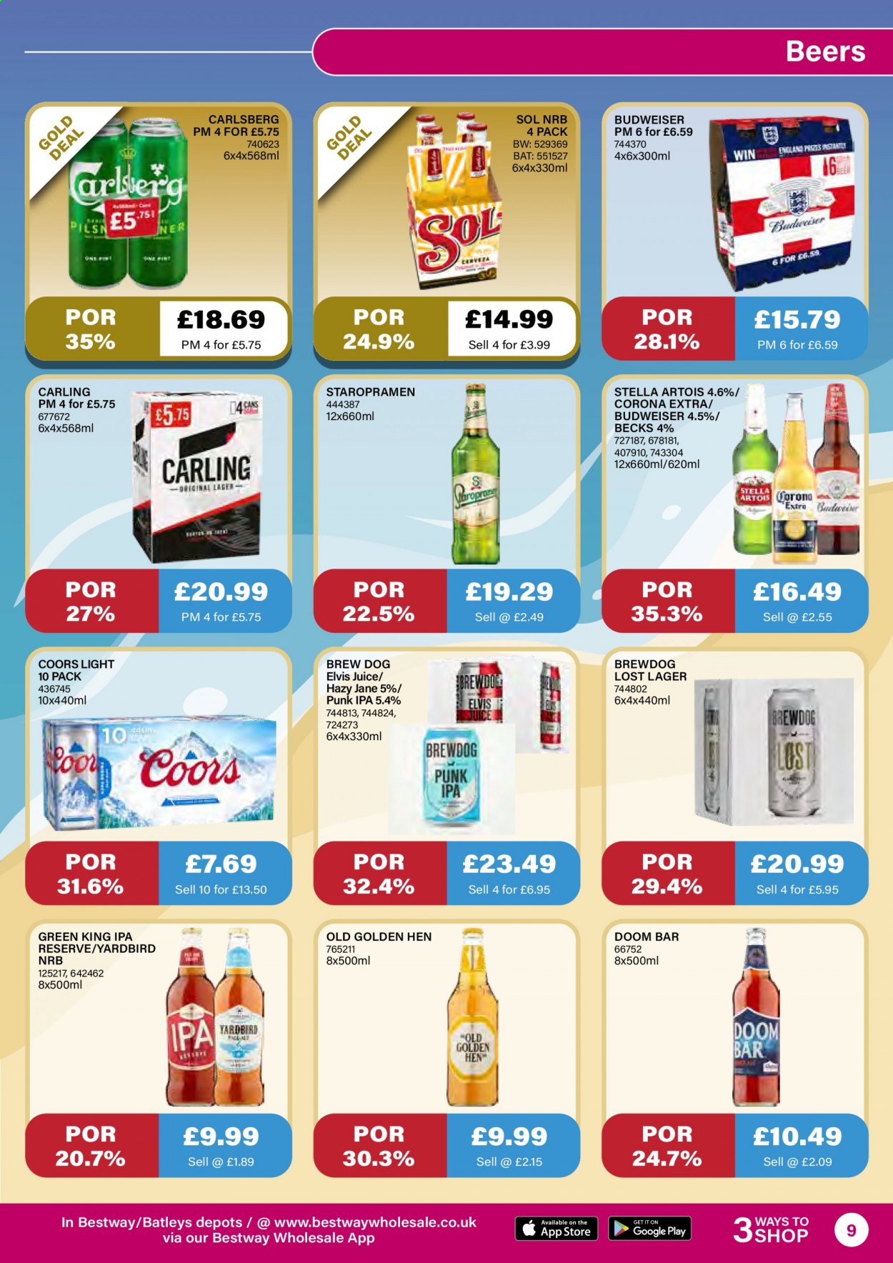 thumbnail - Bestway offer  - 16/07/2021 - 12/08/2021 - Sales products - Budweiser, Stella Artois, Coors, Corona Extra, beer, Carlsberg, Carling, Beck's, Sol, Lager, IPA, juice. Page 9.