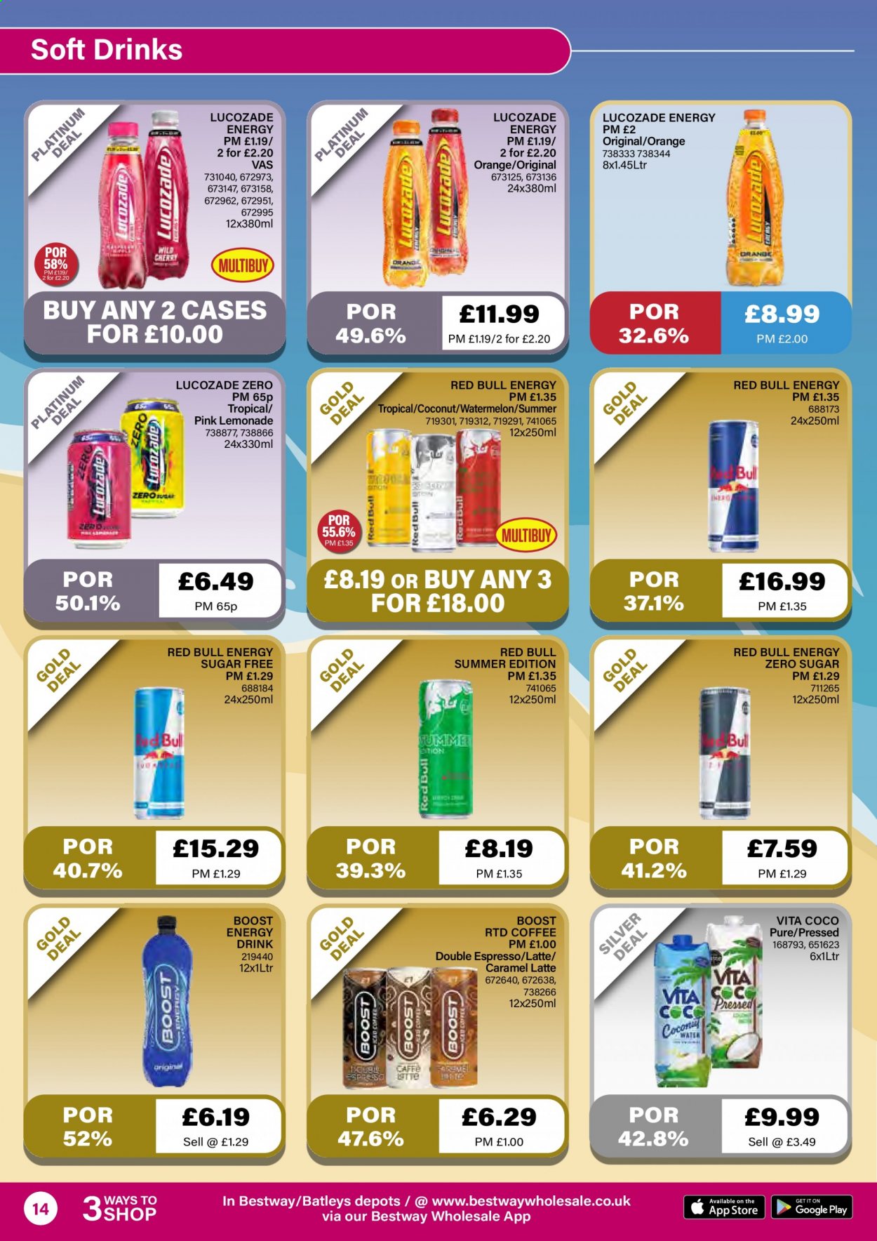 thumbnail - Bestway offer  - 16/07/2021 - 12/08/2021 - Sales products - watermelon, cherries, coconut, caramel, lemonade, energy drink, soft drink, Red Bull, Lucozade, Boost, coffee. Page 14.