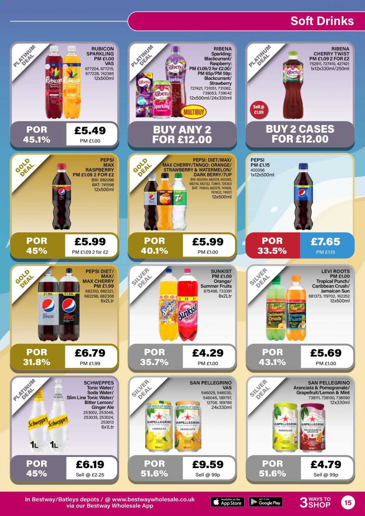 thumbnail - Bestway offer  - 16/07/2021 - 12/08/2021 - Sales products - grapefruits, watermelon, pomegranate, cherries, oranges, ginger ale, Schweppes, Pepsi, Pepsi Max, tonic, soft drink, 7UP, fruit punch, soda, San Pellegrino. Page 15.