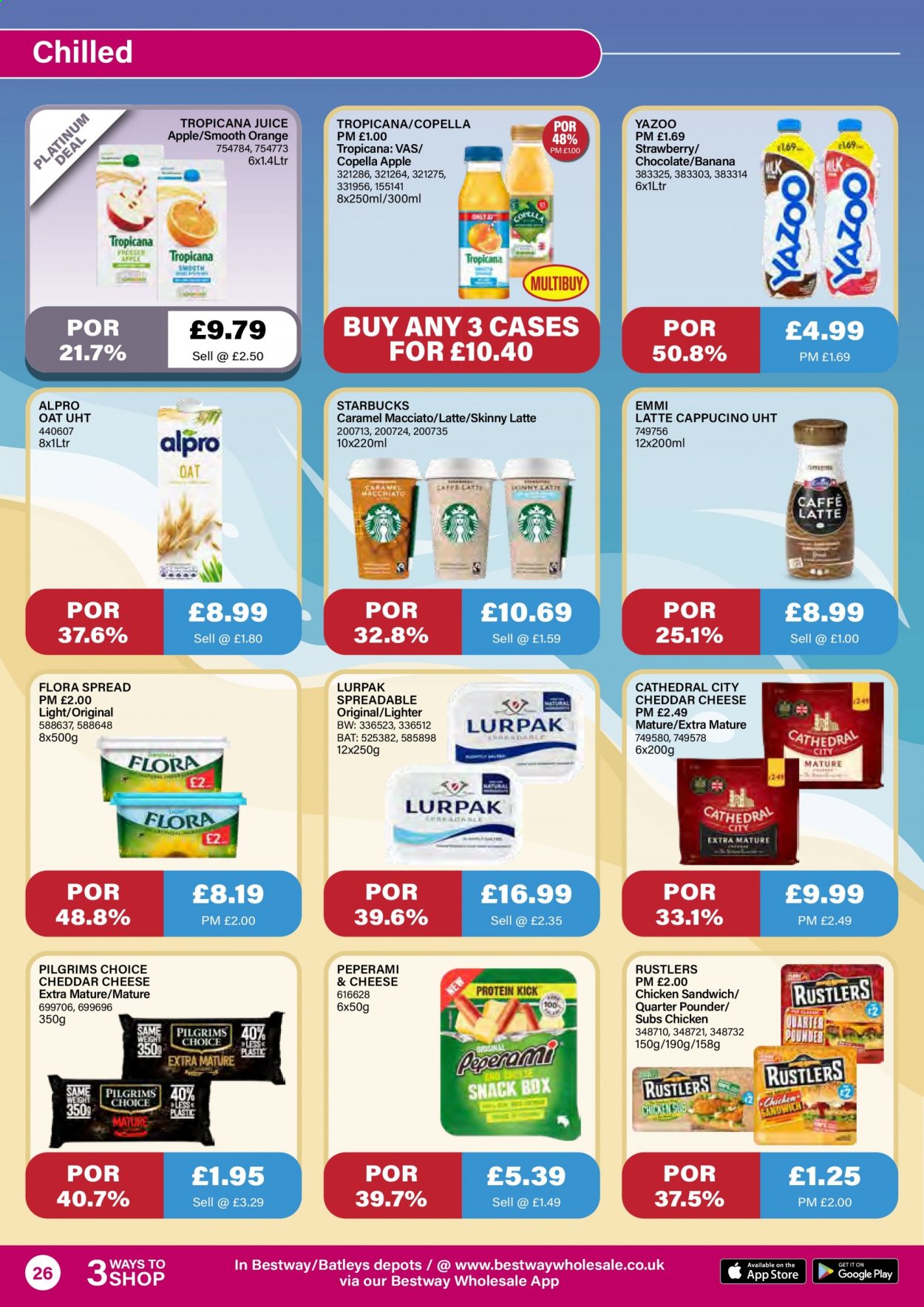 thumbnail - Bestway offer  - 16/07/2021 - 12/08/2021 - Sales products - oranges, sandwich, Alpro, cheddar, cheese, Flora, snack, oats, caramel, juice, Starbucks. Page 26.