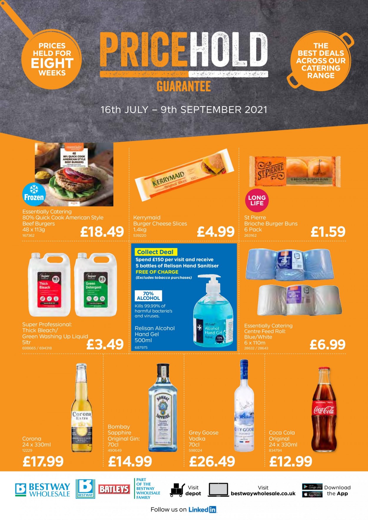thumbnail - Bestway offer  - 16/07/2021 - 09/09/2021 - Sales products - Corona Extra, beer, buns, burger buns, brioche, beef burger, sliced cheese, cheese, Coca-Cola, gin, vodka, bleach, thick bleach, dishwashing liquid, hand gel. Page 1.