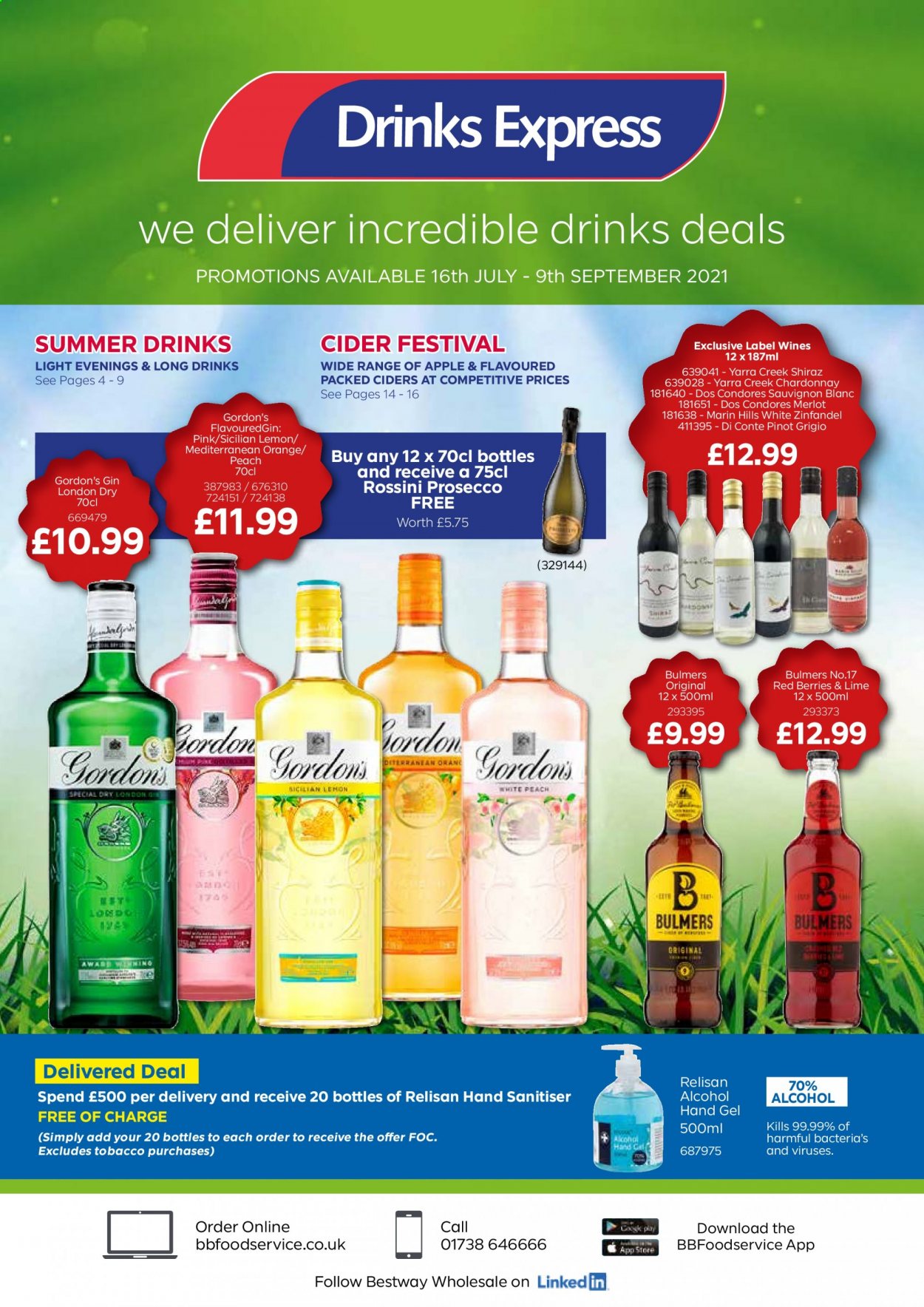 thumbnail - Bestway offer  - 16/07/2021 - 09/09/2021 - Sales products - Bulmers, oranges, red wine, white wine, prosecco, Chardonnay, wine, Merlot, Sauvignon Blanc, Shiraz, Pinot Grigio, gin, Gordon's, cider, hand gel, Hill's. Page 1.