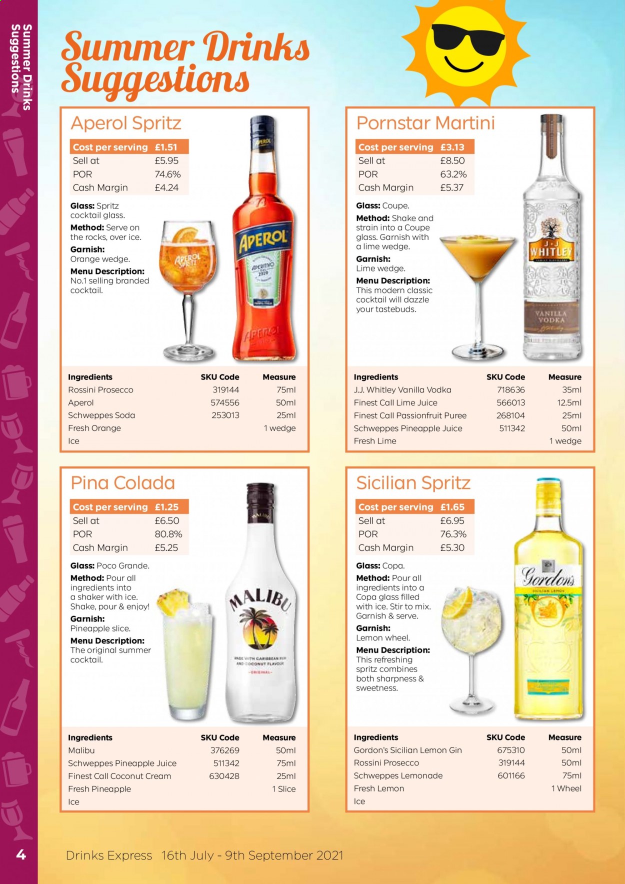 thumbnail - Bestway offer  - 16/07/2021 - 09/09/2021 - Sales products - pineapple, coconut, oranges, shake, pineapple slice, lemonade, Schweppes, pineapple juice, soda, prosecco, gin, vodka, Aperol, Gordon's, Malibu, Martini, shaker. Page 4.