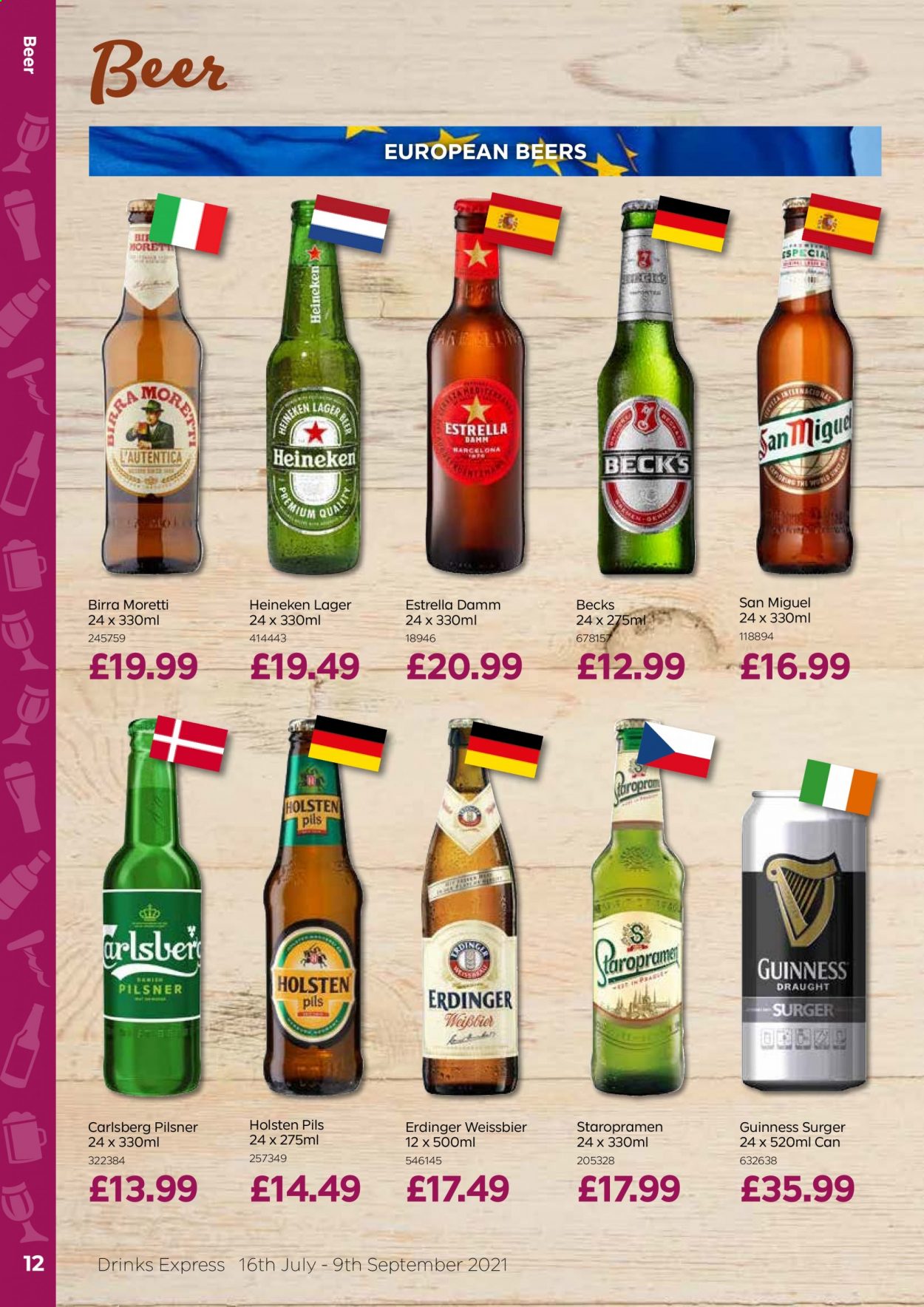 thumbnail - Bestway offer  - 16/07/2021 - 09/09/2021 - Sales products - Heineken, beer, Carlsberg, Guinness, Beck's, San Miguel, Holsten, Lager. Page 12.