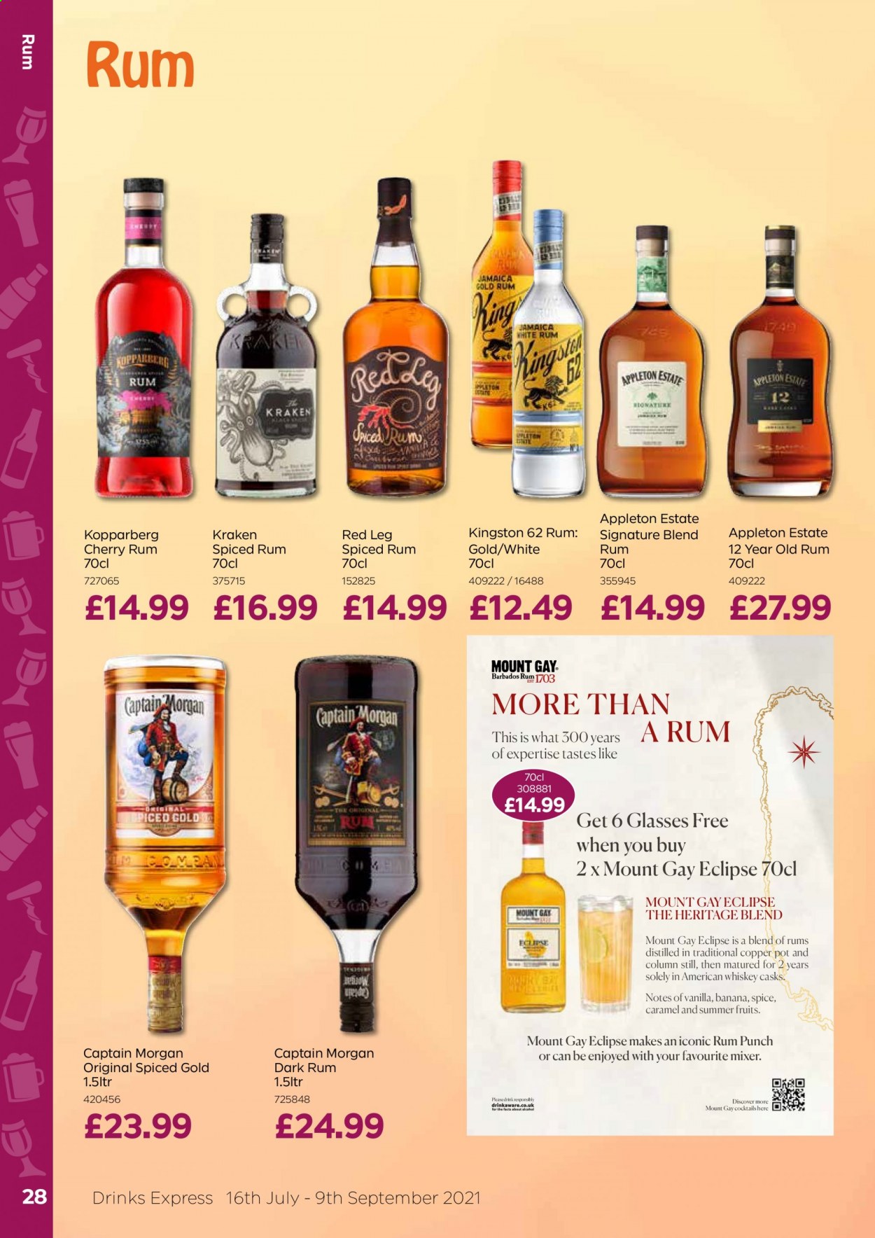 thumbnail - Bestway offer  - 16/07/2021 - 09/09/2021 - Sales products - Kopparberg, cherries, spice, Captain Morgan, spiced rum, whiskey, punch, rum, whisky, pot. Page 28.