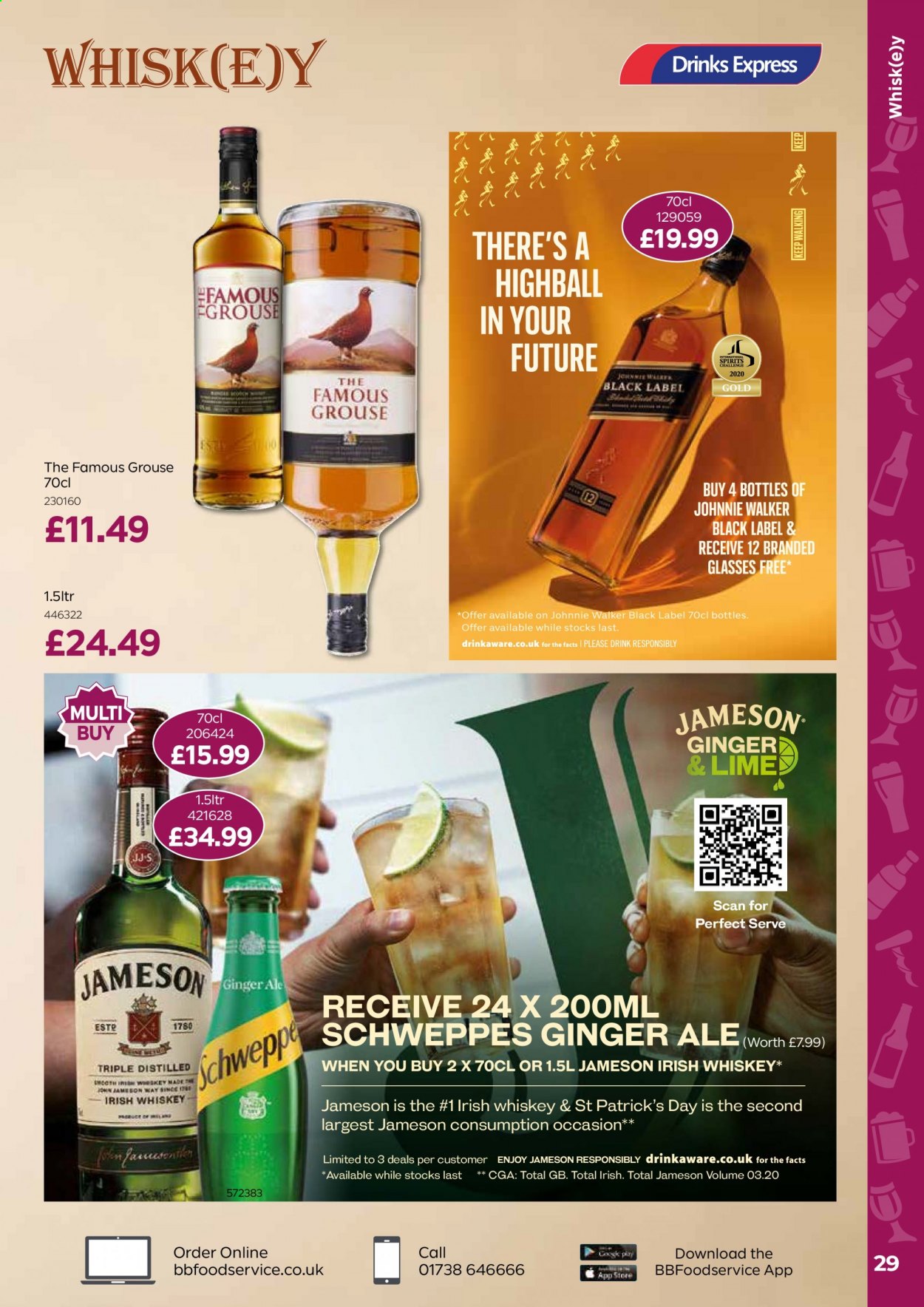 thumbnail - Bestway offer  - 16/07/2021 - 09/09/2021 - Sales products - limes, ginger ale, Schweppes, whiskey, irish whiskey, Jameson, Johnnie Walker, The Famous Grouse, whisky. Page 29.