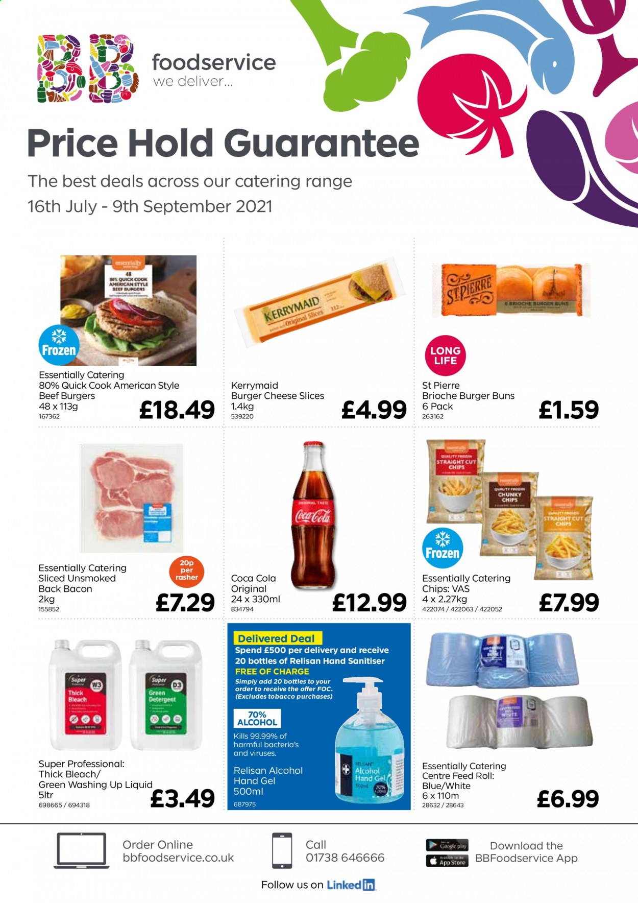 thumbnail - Bestway offer  - 16/07/2021 - 09/09/2021 - Sales products - buns, burger buns, brioche, beef burger, bacon, sliced cheese, cheese, chips, Coca-Cola, bleach, thick bleach, dishwashing liquid, hand gel. Page 1.