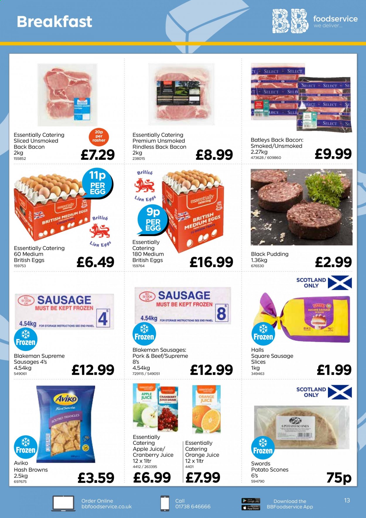 thumbnail - Bestway offer  - 16/07/2021 - 09/09/2021 - Sales products - bacon, black pudding, sausage, sausage slices, eggs, hash browns, Halls, apple juice, cranberry juice, orange juice, juice. Page 13.
