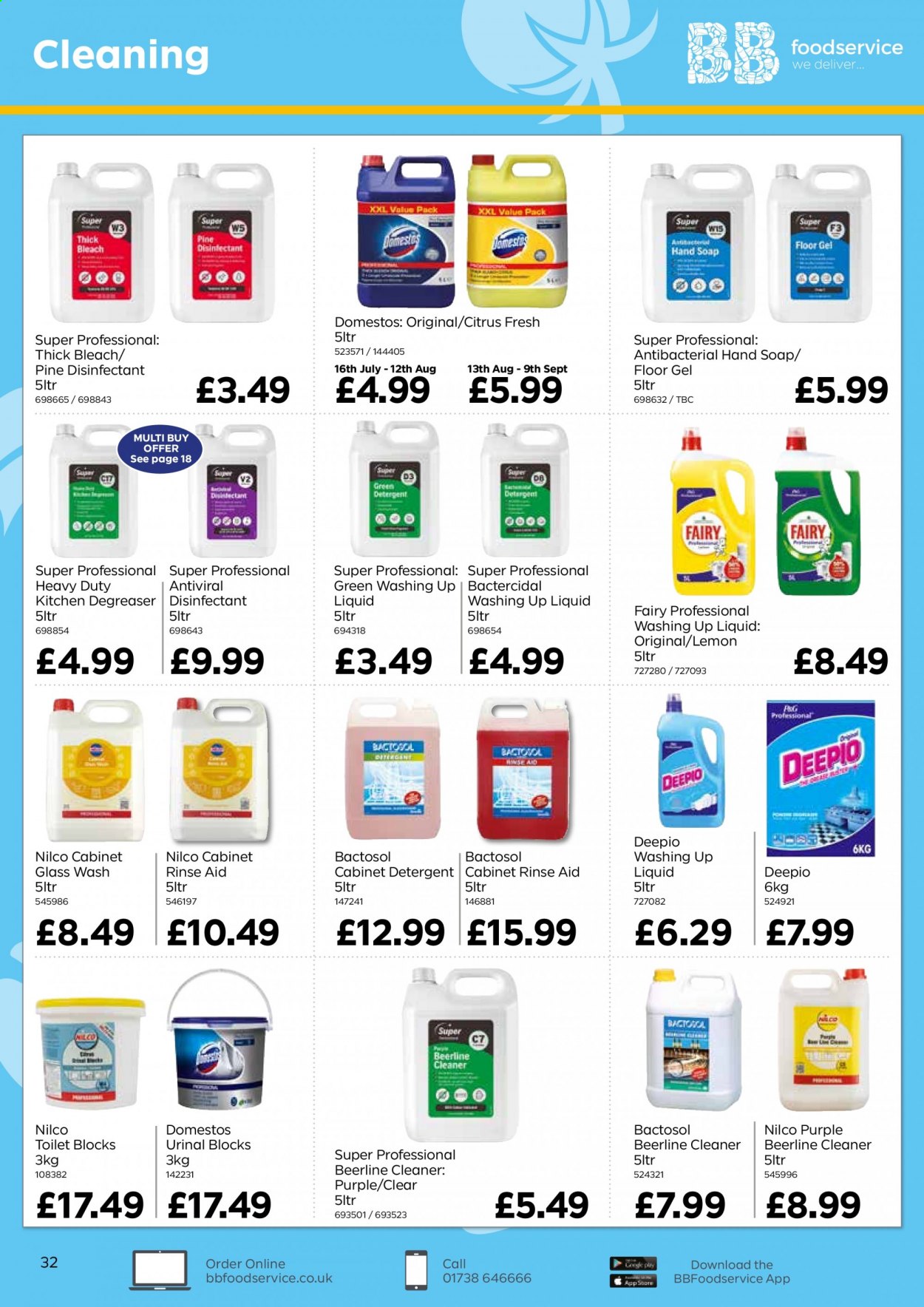 thumbnail - Bestway offer  - 16/07/2021 - 09/09/2021 - Sales products - detergent, Domestos, cleaner, bleach, desinfection, Fairy, thick bleach, dishwashing liquid, hand soap, soap. Page 32.