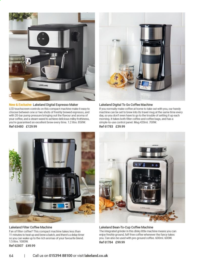 thumbnail - Lakeland offer  - Sales products - mug, cup, travel mug, coffee machine, espresso maker, grinder. Page 64.