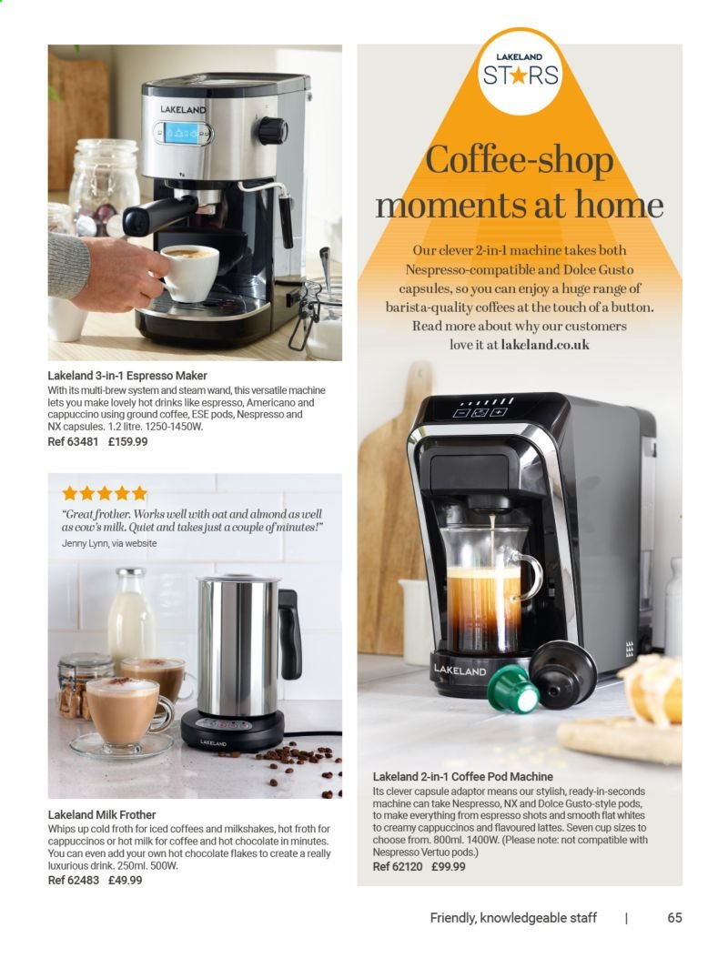 thumbnail - Lakeland offer  - Sales products - oats, cup, coffee machine, Nespresso, Dolce Gusto, espresso maker, milk frother. Page 65.