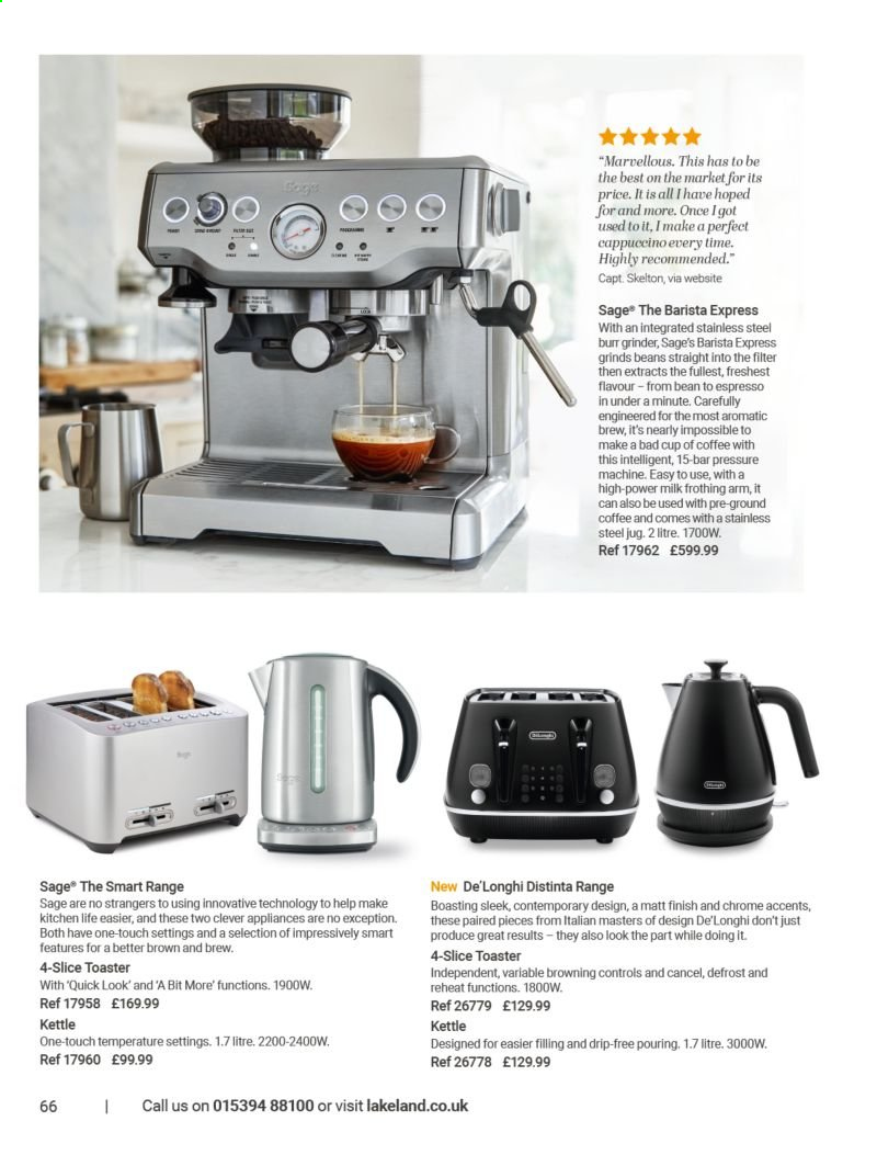 thumbnail - Lakeland offer  - Sales products - cup, De'Longhi, toaster, kettle, grinder. Page 66.