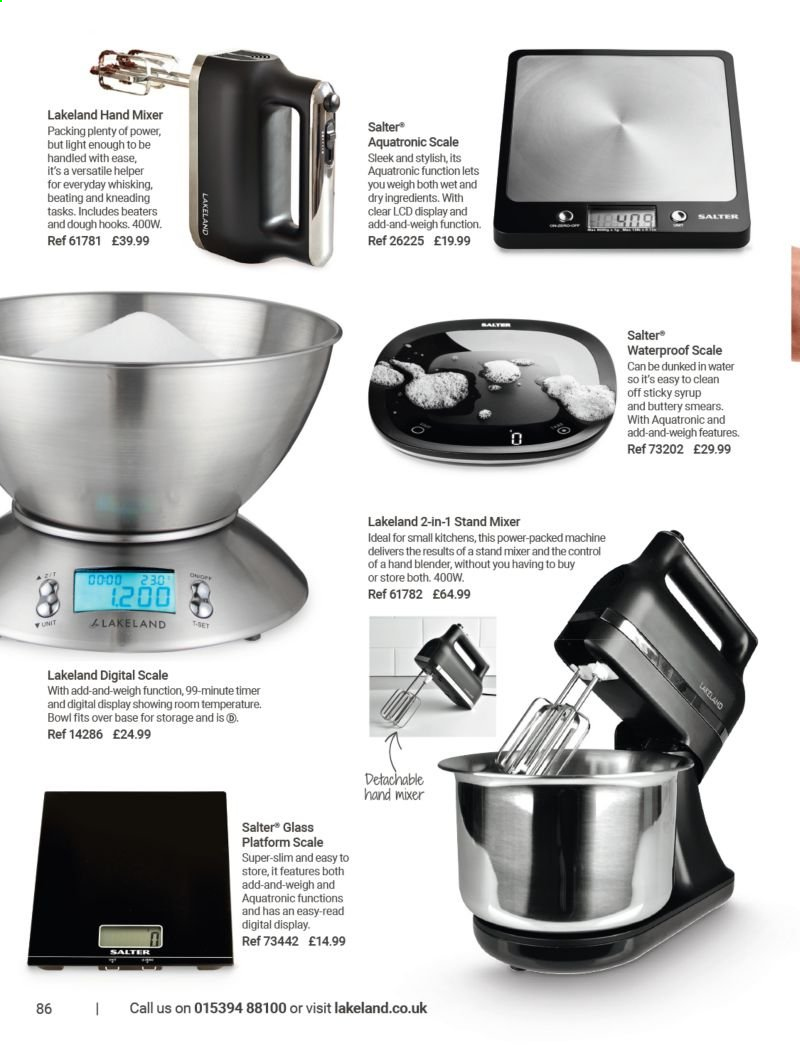thumbnail - Lakeland offer  - Sales products - scale, bowl, mixer, stand mixer, hand mixer, hand blender. Page 86.