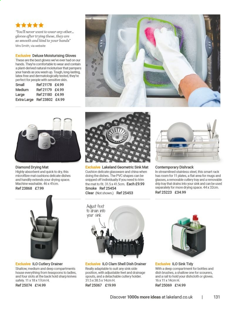 thumbnail - Lakeland offer  - Sales products - holder, gloves, glassware set, knife, plate, cutlery holder, Sharp, cushion. Page 131.