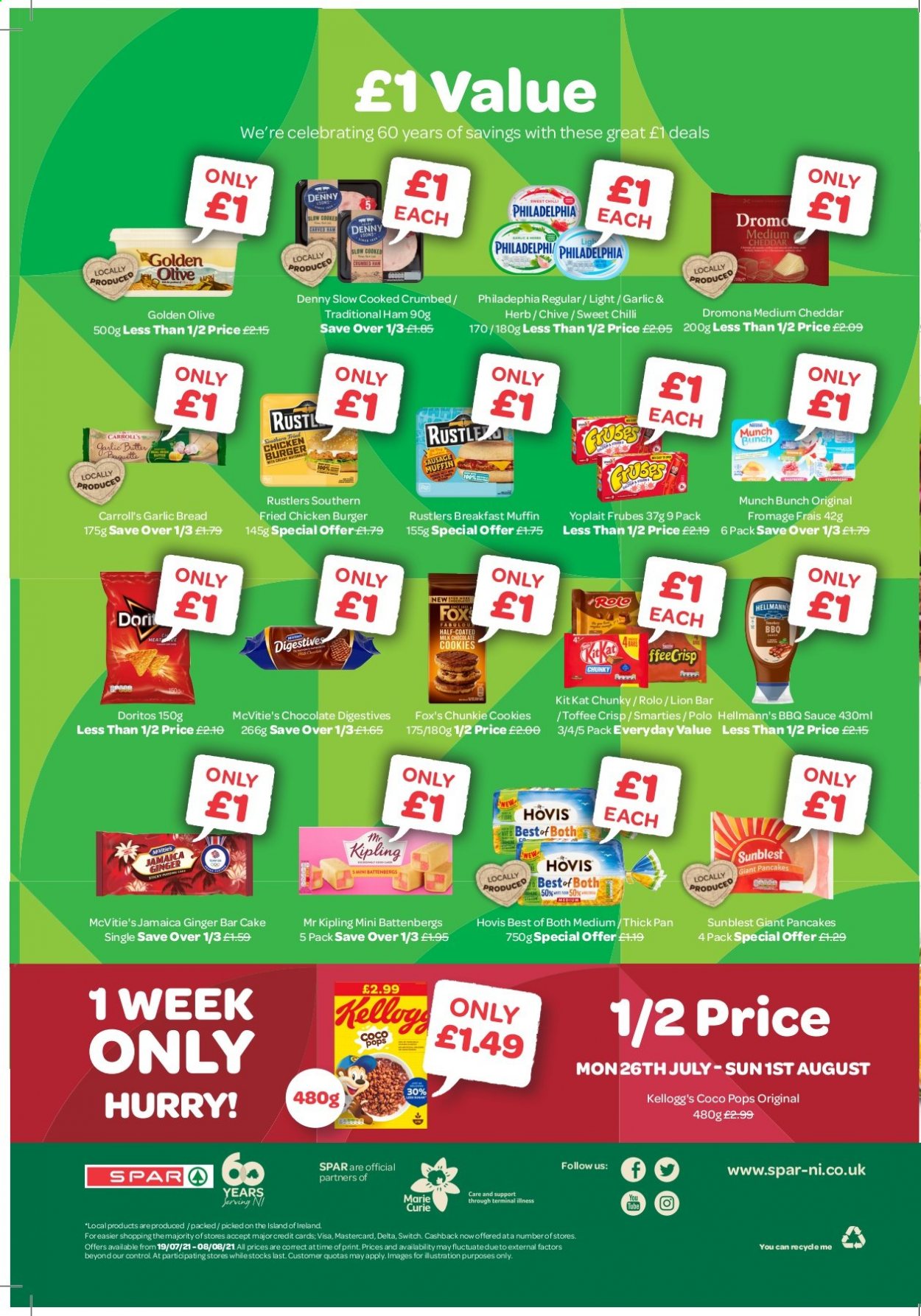 thumbnail - SPAR offer  - 19/07/2021 - 08/08/2021 - Sales products - ginger, hamburger, bread, cake, muffin, sauce, fried chicken, pancakes, ham, sausage, Philadelphia, cheddar, Yoplait, milk, Hellmann’s, cookies, chocolate, Smarties, KitKat, toffee, Kellogg's, Doritos, coco pops, BBQ sauce, punch, pan. Page 4.