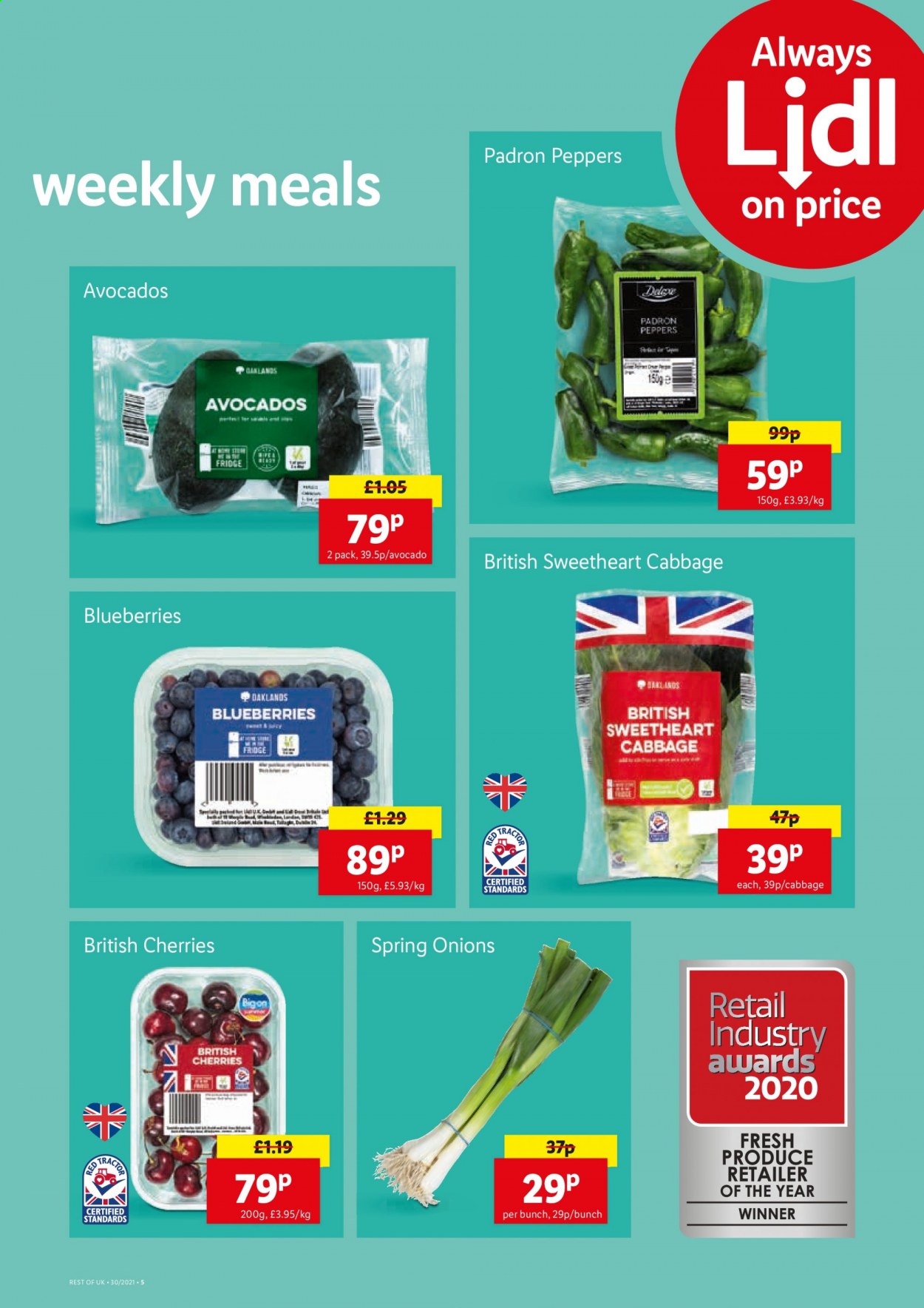 thumbnail - Lidl offer  - 29/07/2021 - 04/08/2021 - Sales products - cabbage, onion, peppers, green onion, avocado, blueberries, cherries. Page 5.