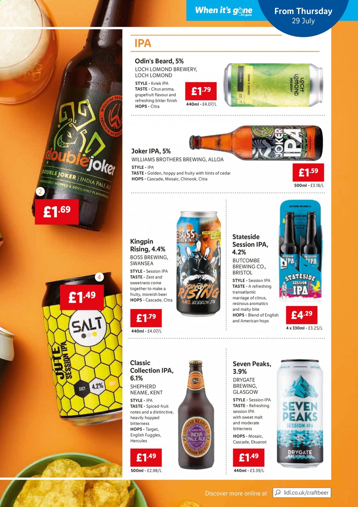 thumbnail - Lidl offer  - 29/07/2021 - 04/08/2021 - Sales products - beer, IPA, grapefruits, salt, malt, BROTHERS, Cascade, Target. Page 7.