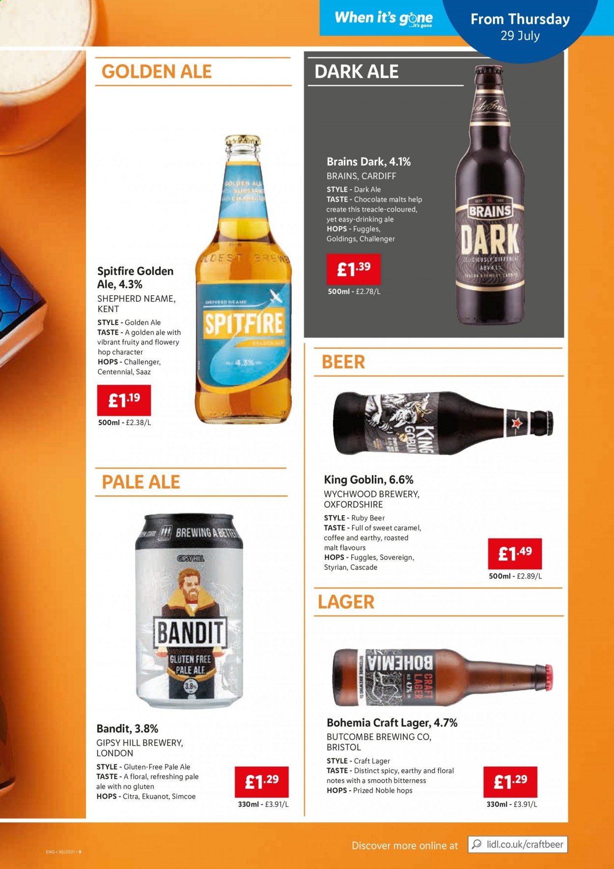 thumbnail - Lidl offer  - 29/07/2021 - 04/08/2021 - Sales products - beer, Lager, chocolate, malt, caramel, coffee, Cascade. Page 9.