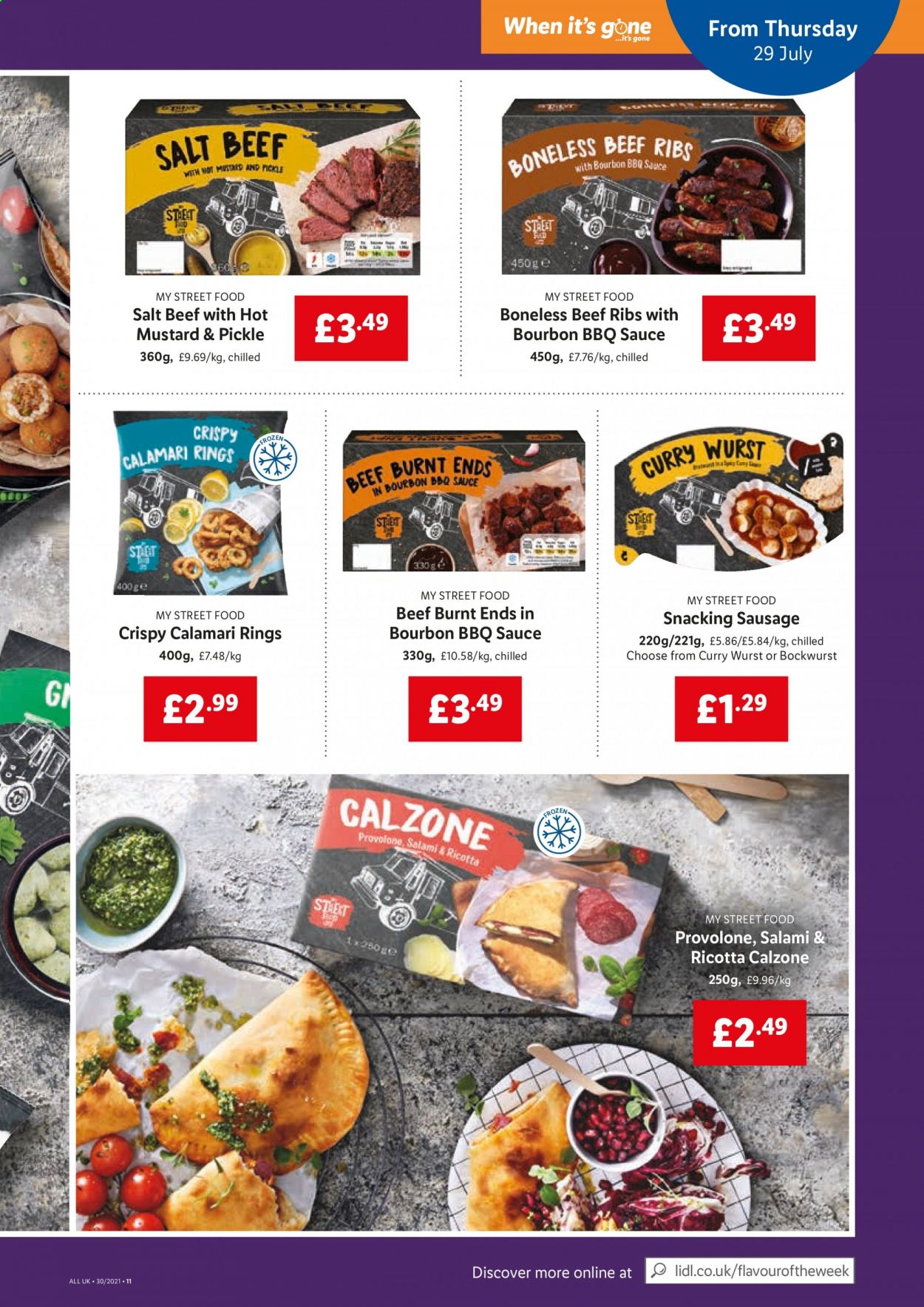 thumbnail - Lidl offer  - 29/07/2021 - 04/08/2021 - Sales products - beef meat, beef ribs, calamari, sauce, calzone, salami, sausage, ricotta, Provolone, salt, BBQ sauce, mustard. Page 11.