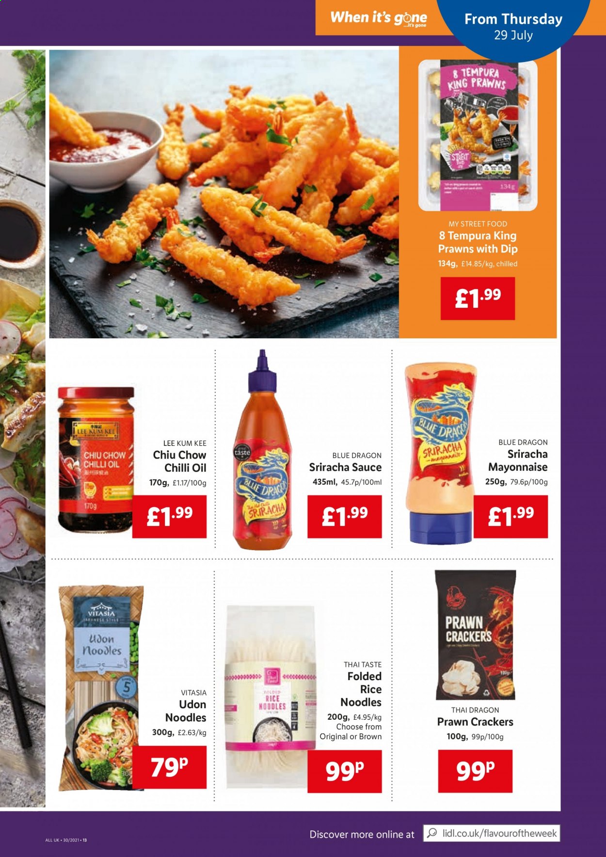 thumbnail - Lidl offer  - 29/07/2021 - 04/08/2021 - Sales products - prawns, noodles, sauce, mayonnaise, dip, crackers, rice vermicelli, sriracha, Lee Kum Kee, oil, Lee. Page 13.