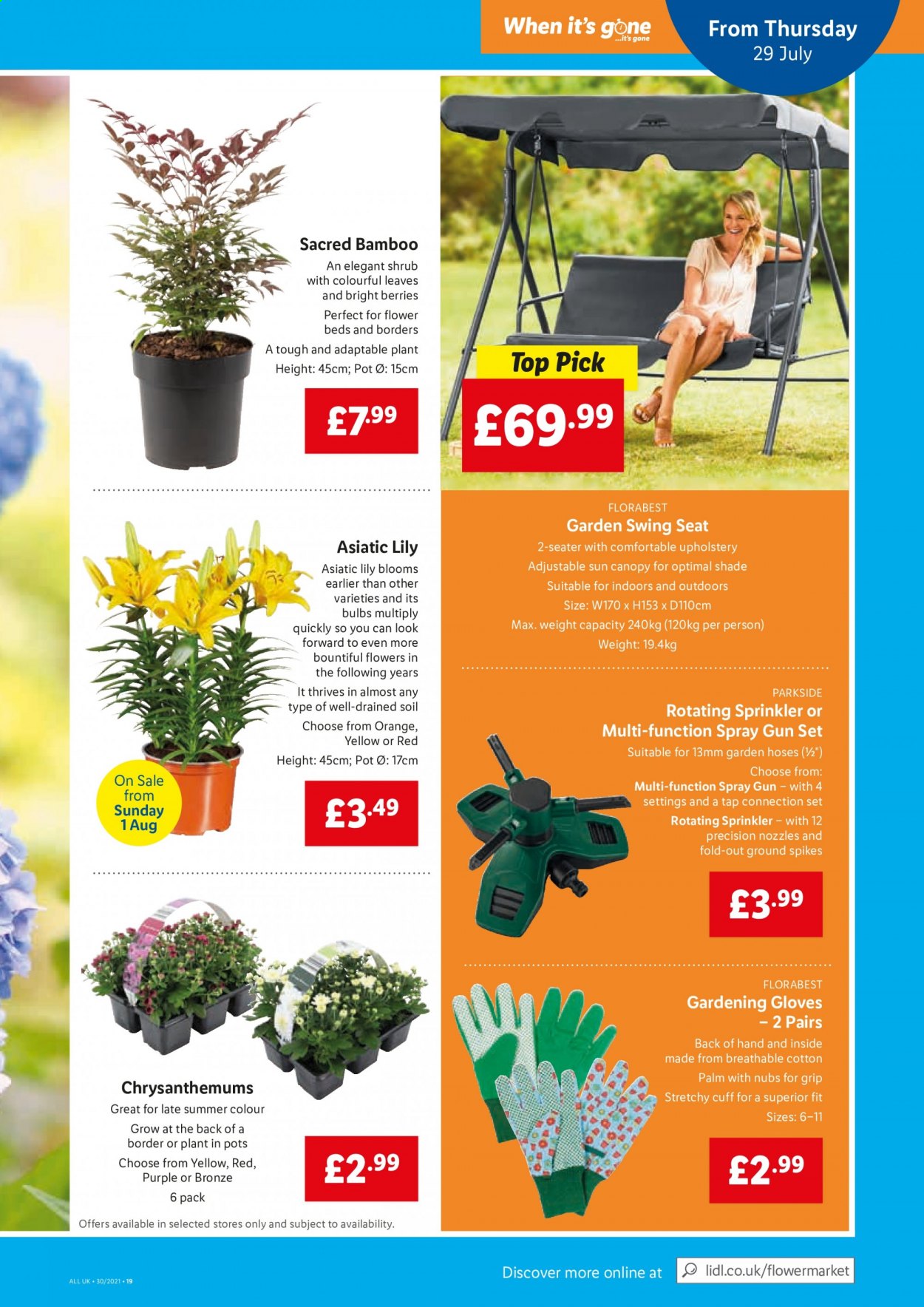 thumbnail - Lidl offer  - 29/07/2021 - 04/08/2021 - Sales products - Florabest, gloves, pot, spray gun, bulb, gun, Parkside, garden hose. Page 19.