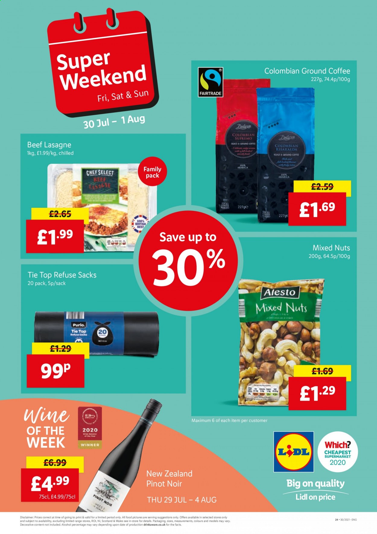 thumbnail - Lidl offer  - 29/07/2021 - 04/08/2021 - Sales products - alcohol, lasagna meal, mixed nuts, coffee, ground coffee, red wine, wine, Pinot Noir. Page 24.