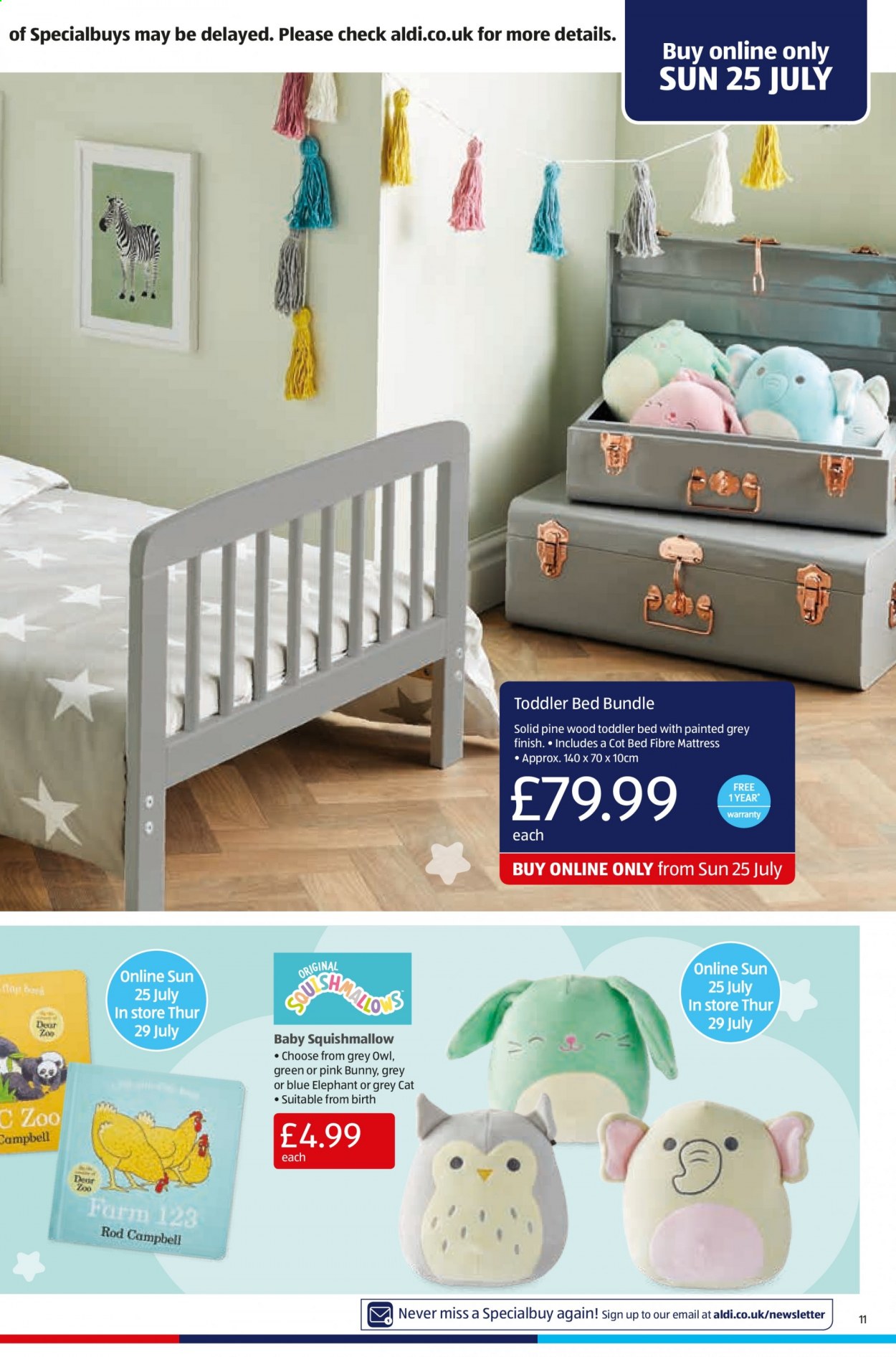 thumbnail - Aldi offer  - 25/07/2021 - 01/08/2021 - Sales products - bed, mattress, nursery cot, Squishmallows, owl. Page 13.