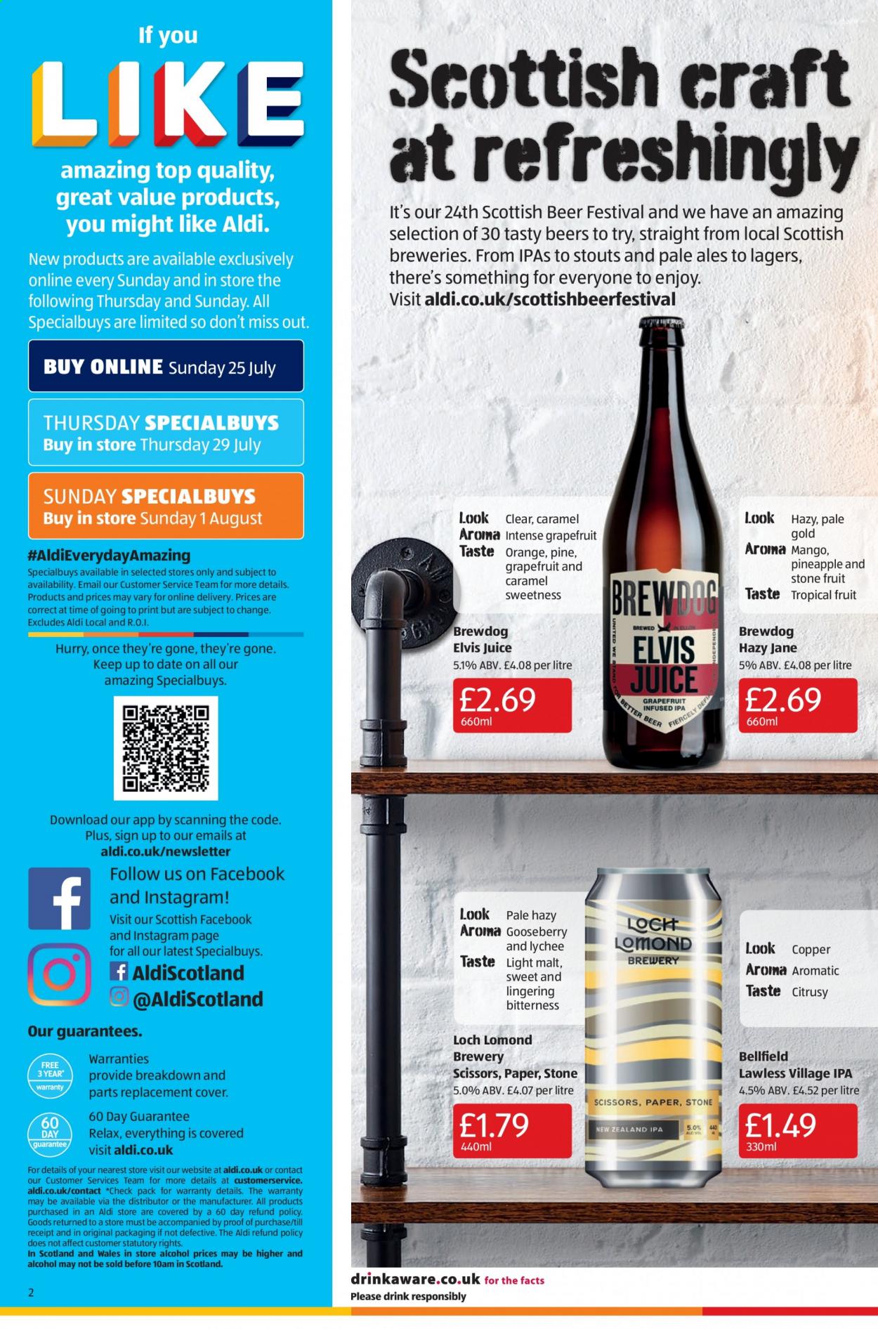 thumbnail - Aldi offer  - 25/07/2021 - 01/08/2021 - Sales products - beer, alcohol, IPA, grapefruits, lychee, pineapple, malt, juice, paper, scissors. Page 4.