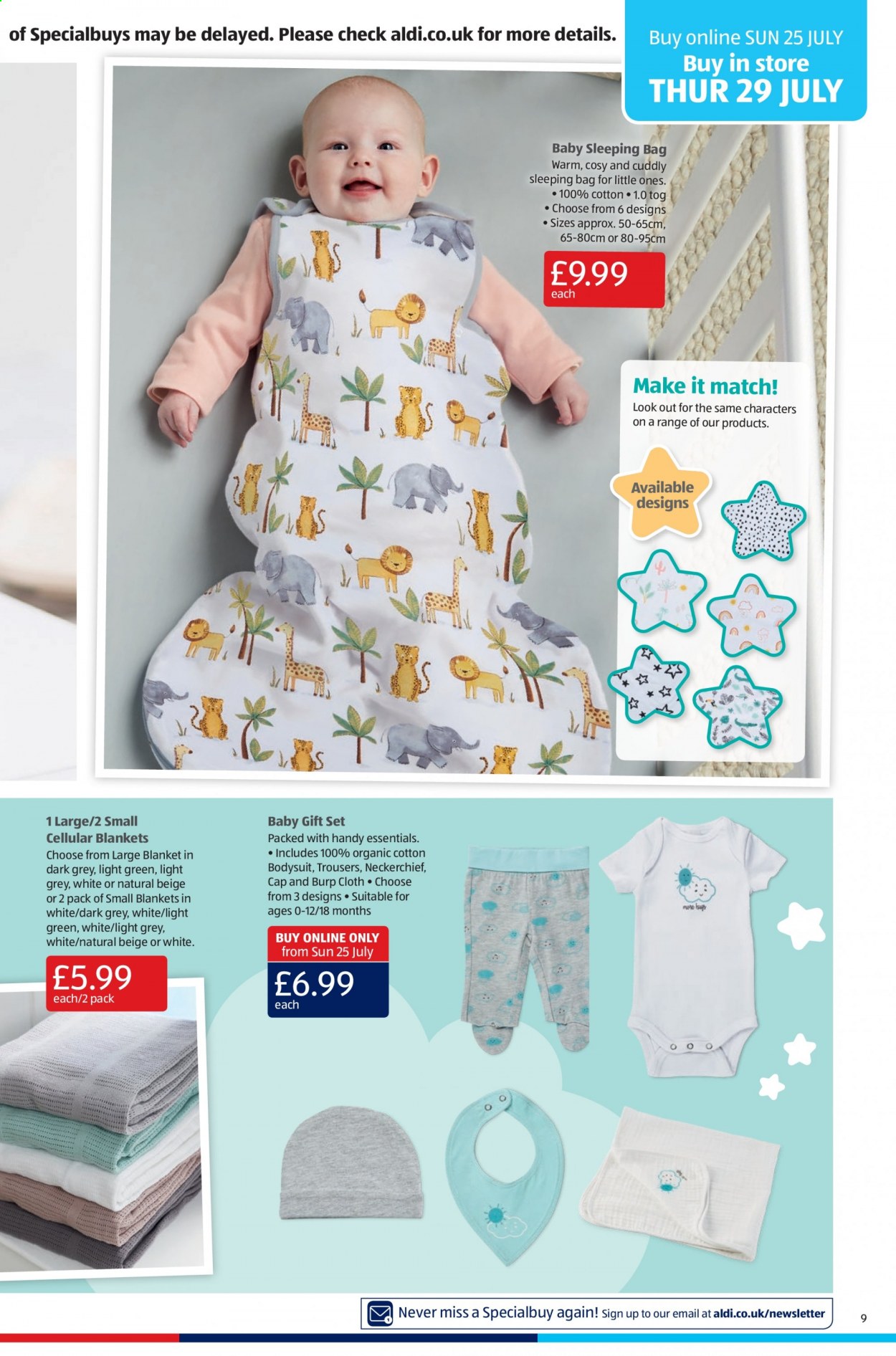 thumbnail - Aldi offer  - 25/07/2021 - 01/08/2021 - Sales products - gift set, blanket, trousers, bodysuit, cap, baby sleeping bag. Page 11.