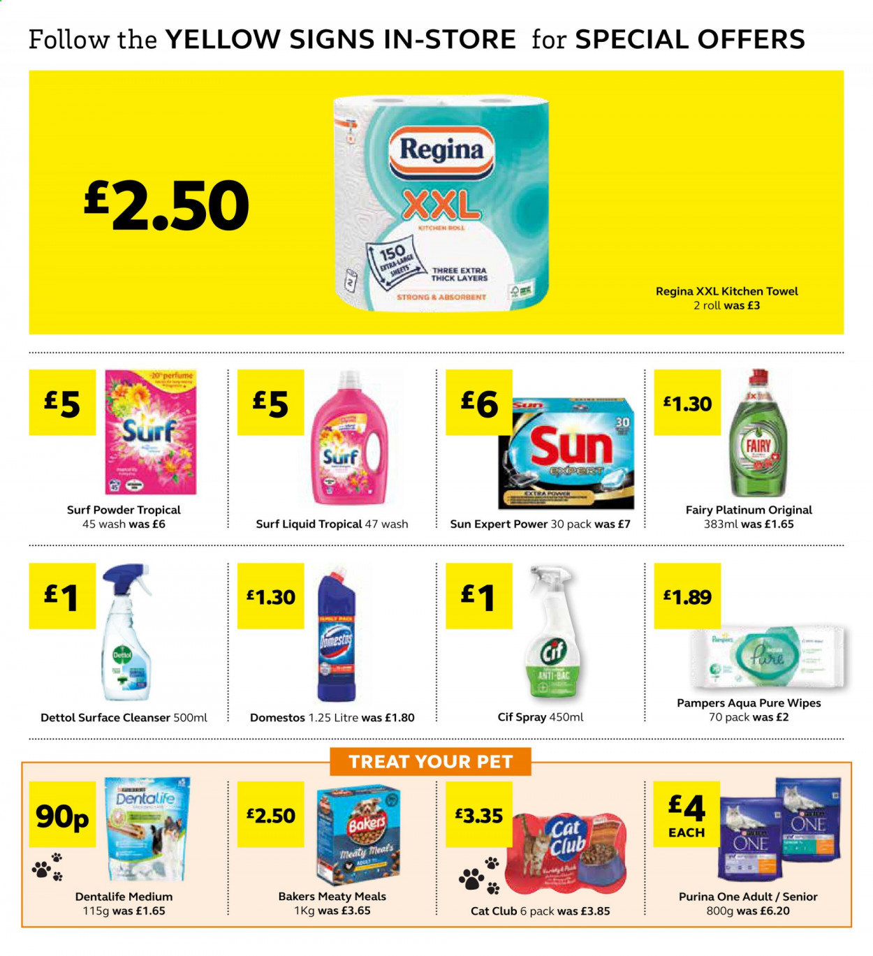thumbnail - SuperValu offer  - 26/07/2021 - 14/08/2021 - Sales products - wipes, Pampers, Dettol, kitchen towels, Domestos, Fairy, Cif, Surf, cleanser, eau de parfum, Purina, Bakers, Dentalife. Page 12.