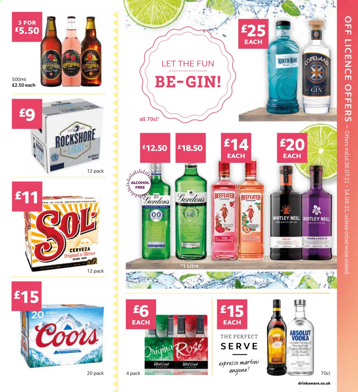thumbnail - SuperValu offer  - 26/07/2021 - 14/08/2021 - Sales products - Coors, beer, Rockshore, wine, rosé wine, gin, vodka, Gordon's, Absolut, Beefeater, Martini. Page 15.