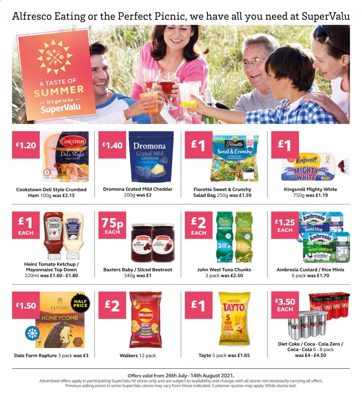 thumbnail - SuperValu offer  - 26/07/2021 - 14/08/2021 - Sales products - salad, beetroot, tuna, ham, mild cheddar, cheddar, custard, mayonnaise, Tayto, Heinz, rice, ketchup, Coca-Cola, Coca-Cola zero, Diet Coke. Page 16.
